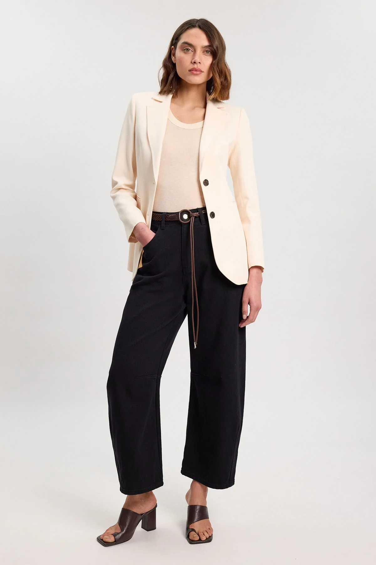 Denim Belted Barrel Leg Jean - 1