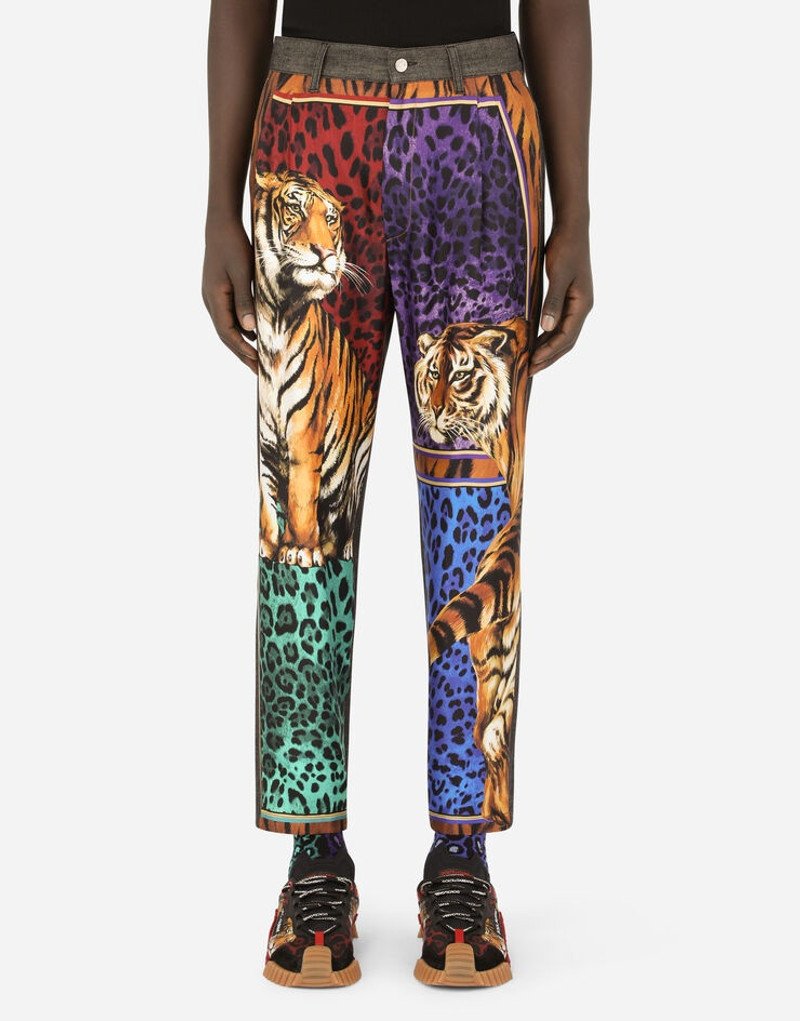 Oversize black denim and twill jeans with tiger print 1