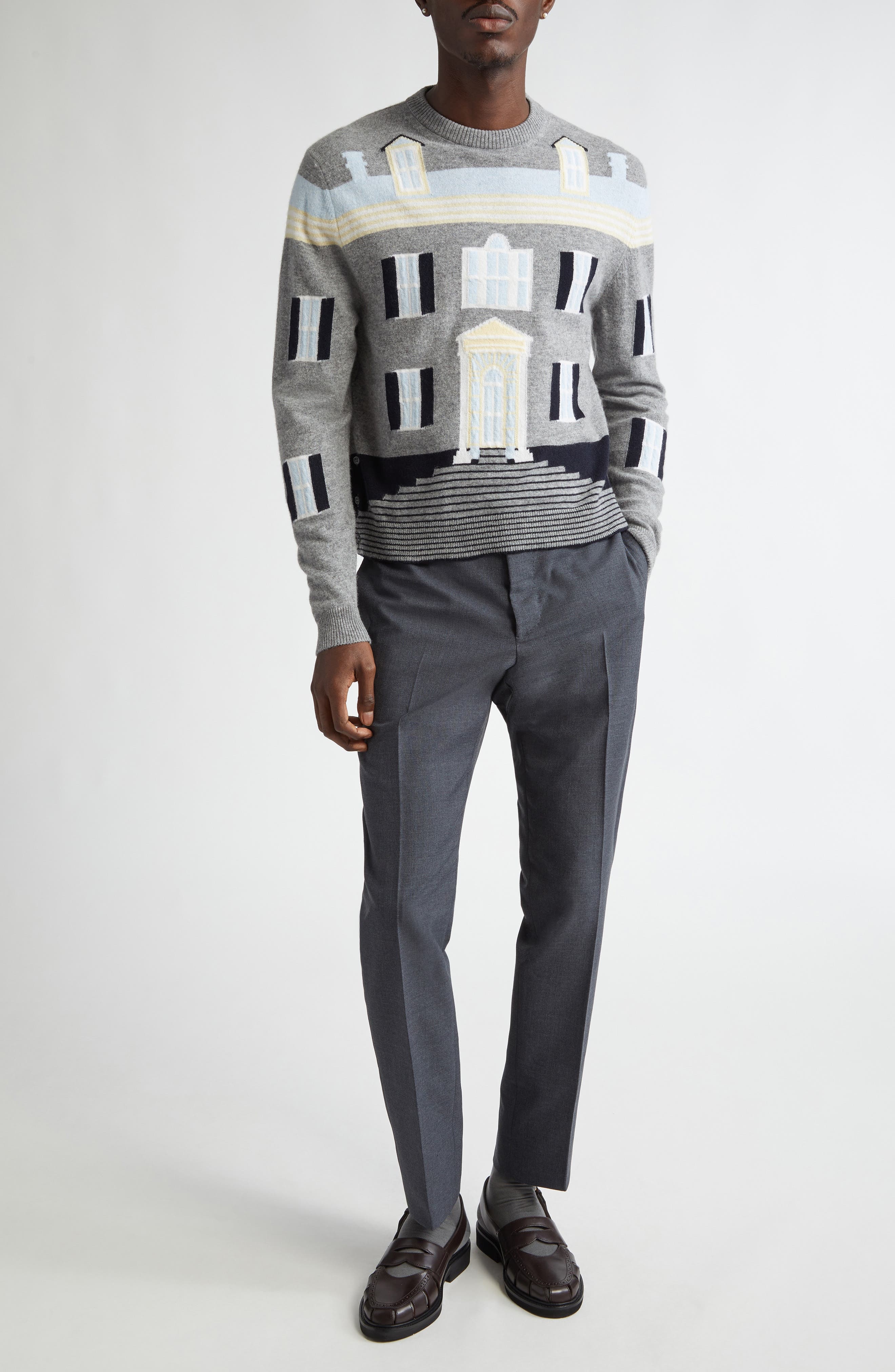 Thom Browne House Intarsia Virgin Wool Sweater in Light Grey at Nordstrom - 2
