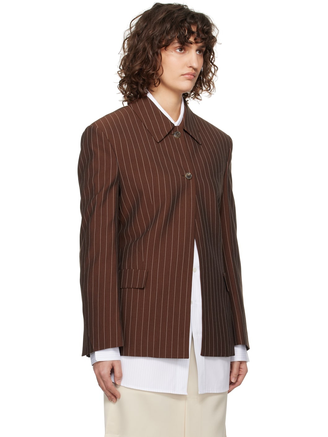 Brown Classic Collar Pin Stripe Single Jacket - 2