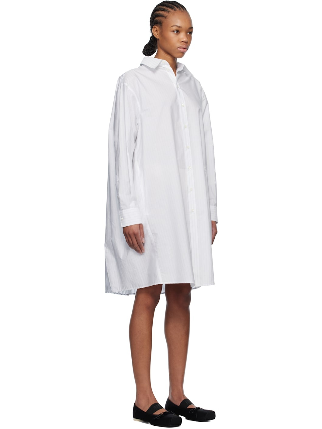 White Spliced Striped Cotton Poplin Midi Dress - 2