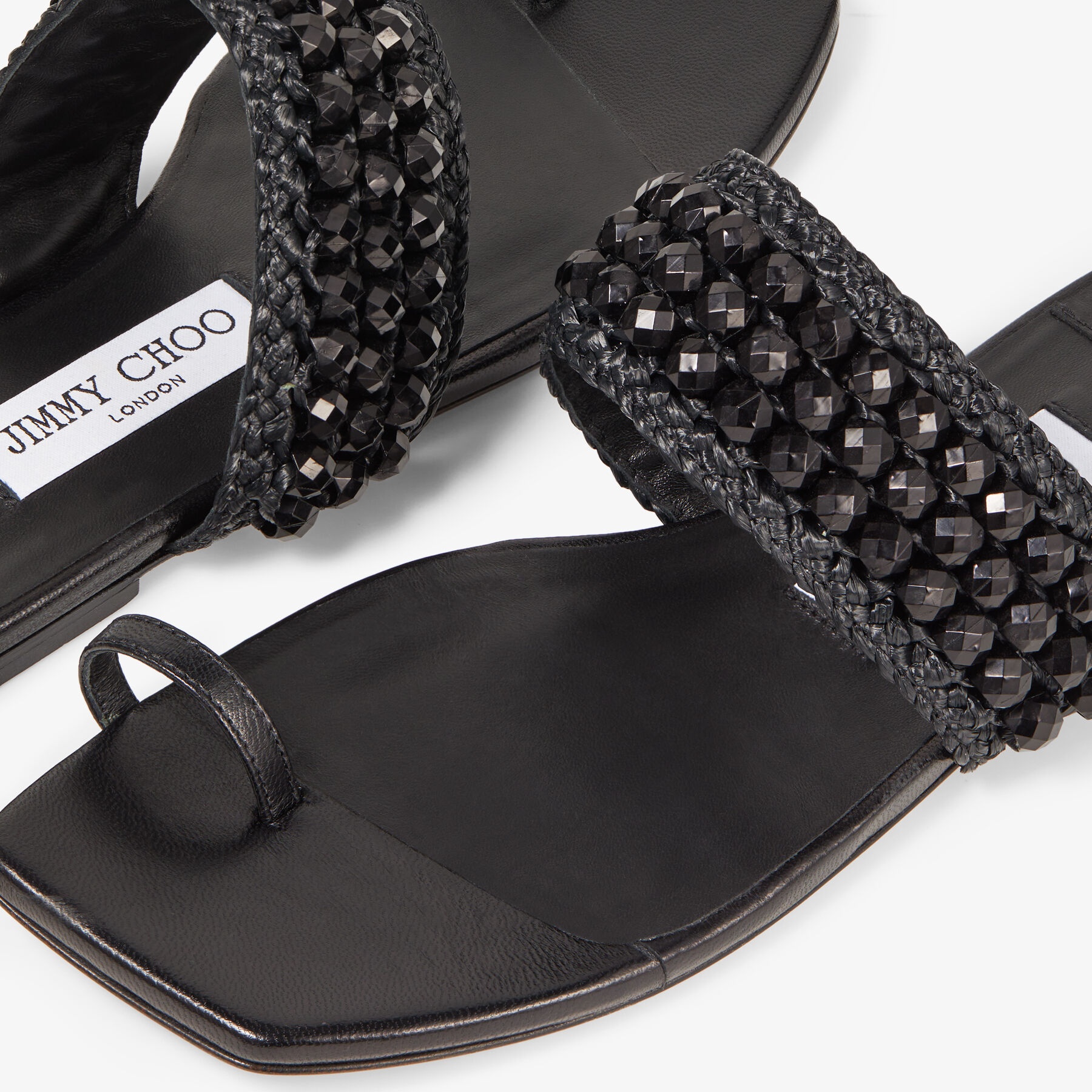 Amoure Flat
Black Nappa Leather Flat Sandals with Beaded Raffia - 4