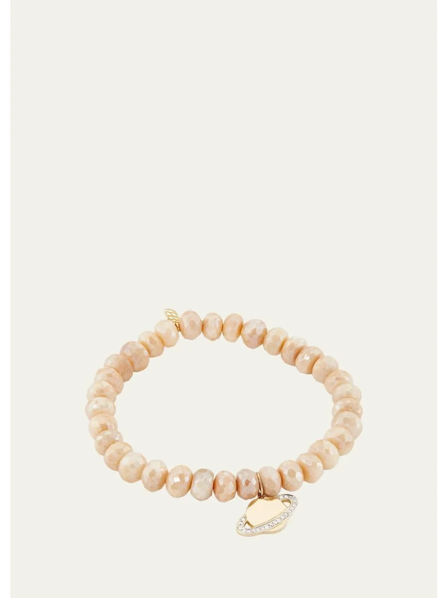 14K Yellow Gold, Sand Moonstone & 0.11 TCW Diamond Beaded Bracelet - 1
