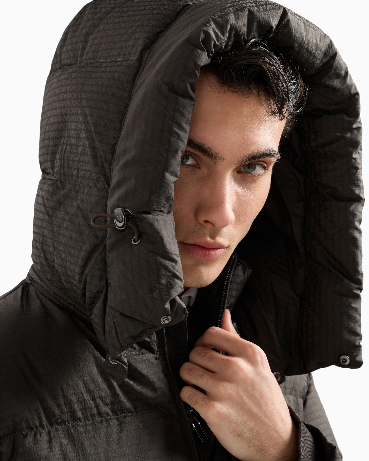 Zipped, hooded down jacket in jacquard nylon with all-over logo lettering - 5