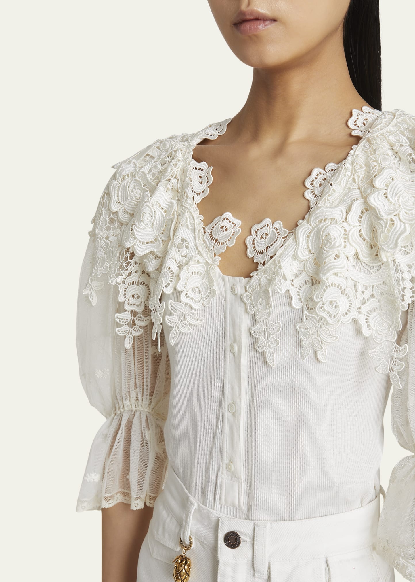 Puff-Sleeve Guipure Lace Bodysuit - 5