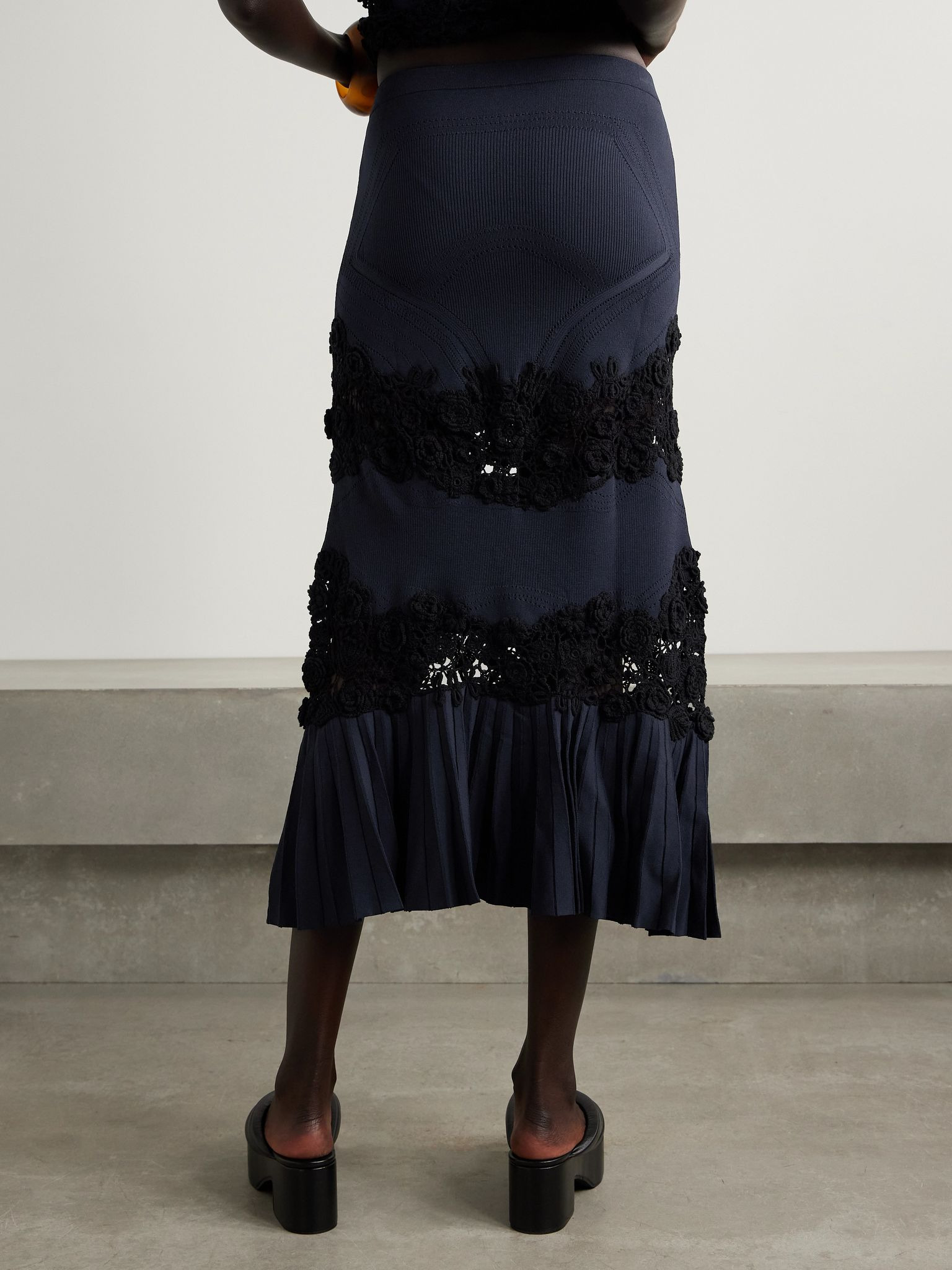 Madeline crochet-paneled ribbed-knit maxi skirt Navy - 4