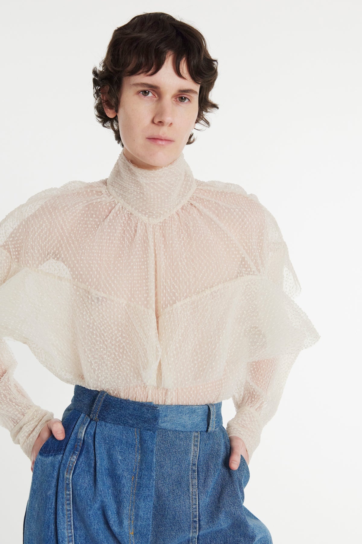 DOUBLE LAYERED TULLE TOP WITH CHEST FRILL DETAIL IVORY - 11