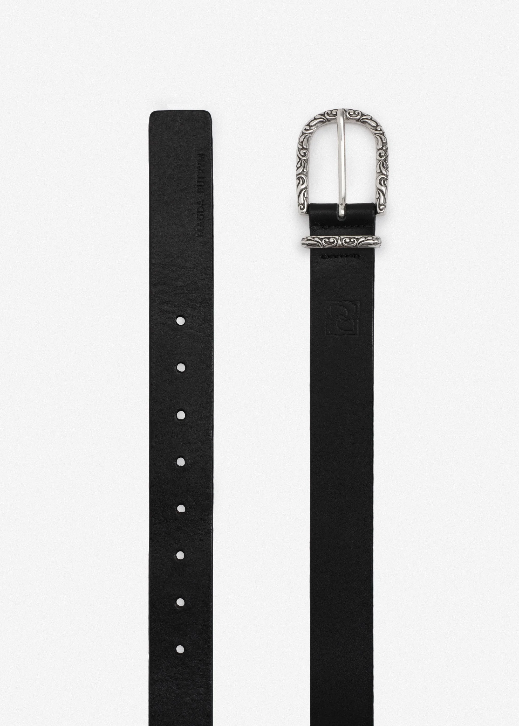 Engraved buckle leather belt in black and silver - 1