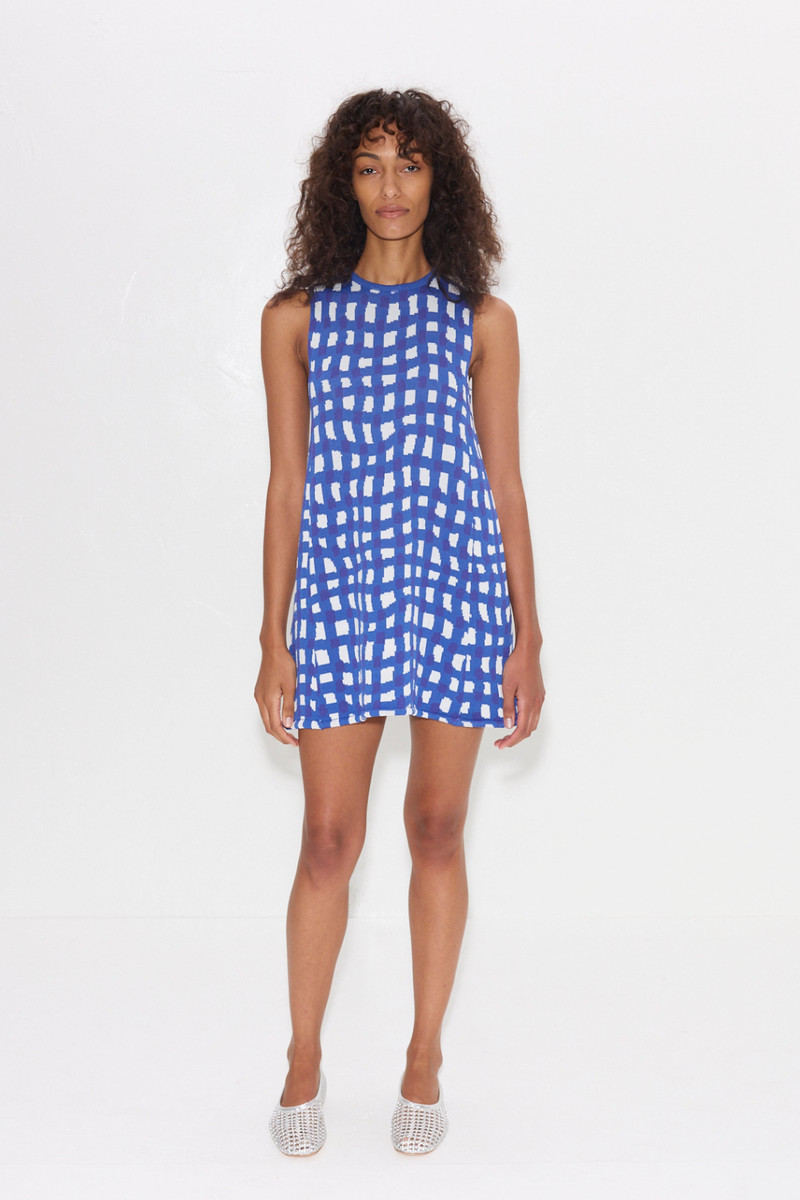 SIMONMILLER Knits By Zana Knit Mini Dress in Klein Blue Wavy Gingham outlook