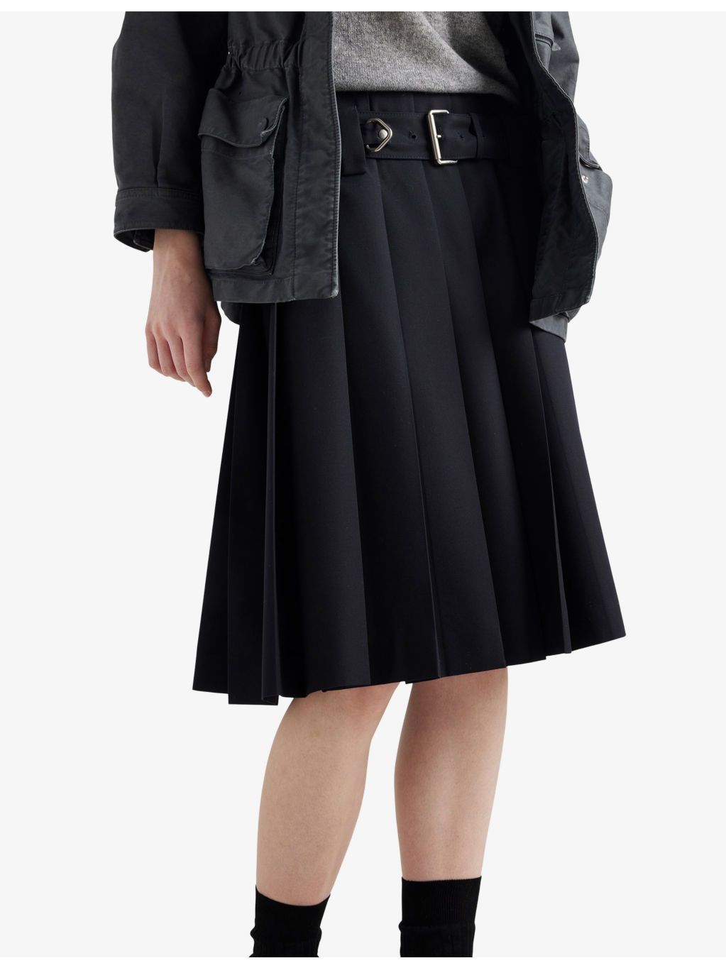 Pleated Belted Garbadine-Wool Knee-Length Skirt - 3