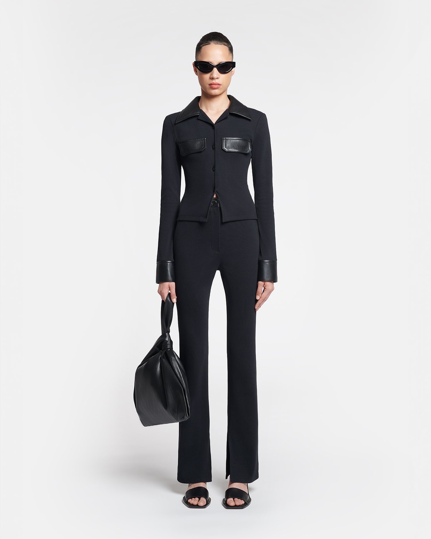 Leather-Trimmed Ribbed-Jersey Pants - 2