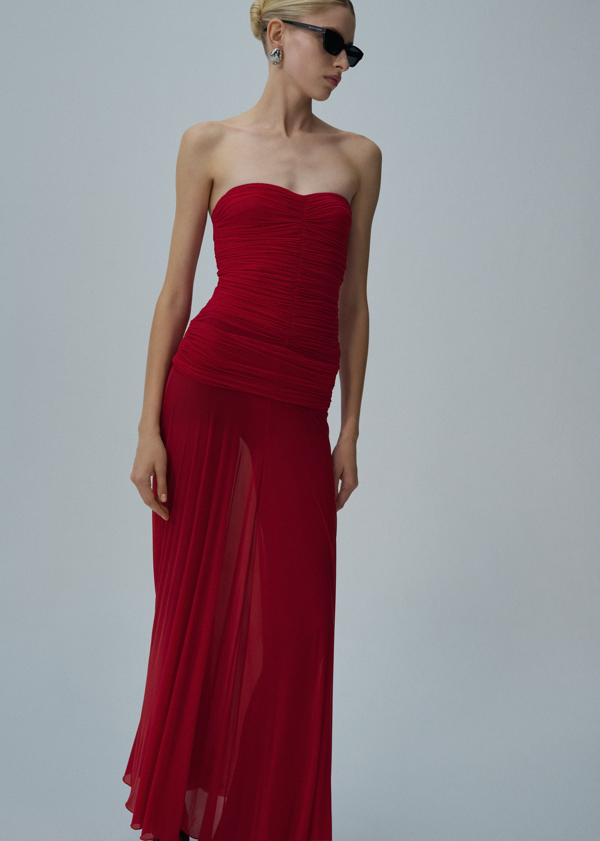 Strapless cupro midi dress in red - 7