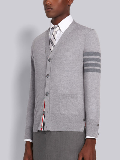 Thom Browne Light Grey Sustainable Fine Merino Wool Center Back Stripe Classic V-neck Cardigan outlook