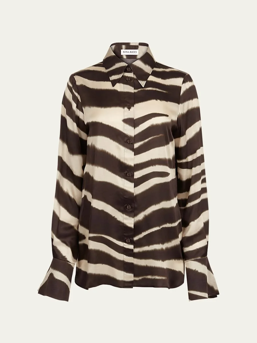 Zebra-Print Satin Button-Down Blouse - 1