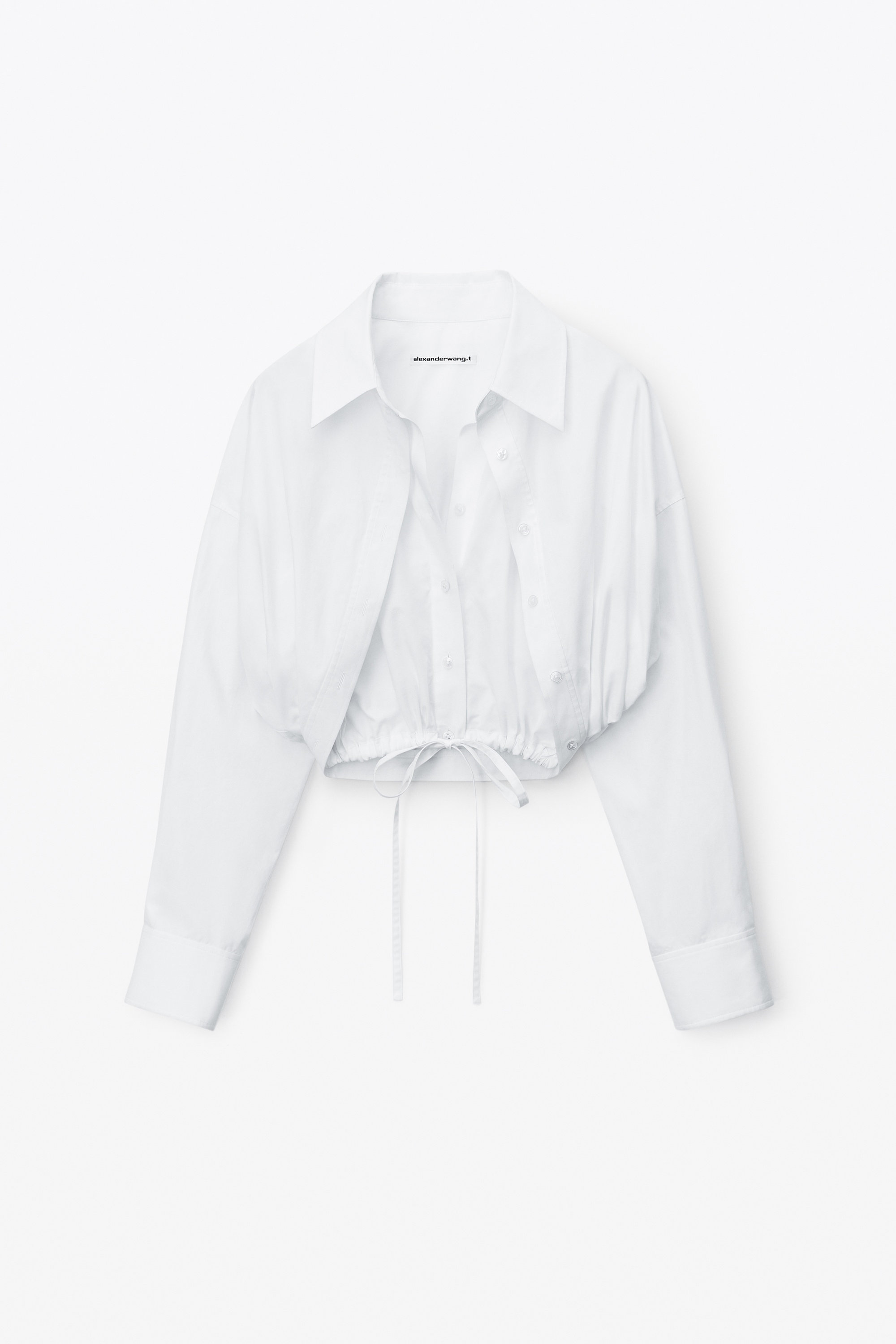 double layered cropped shirt in compact cotton with tie waistband