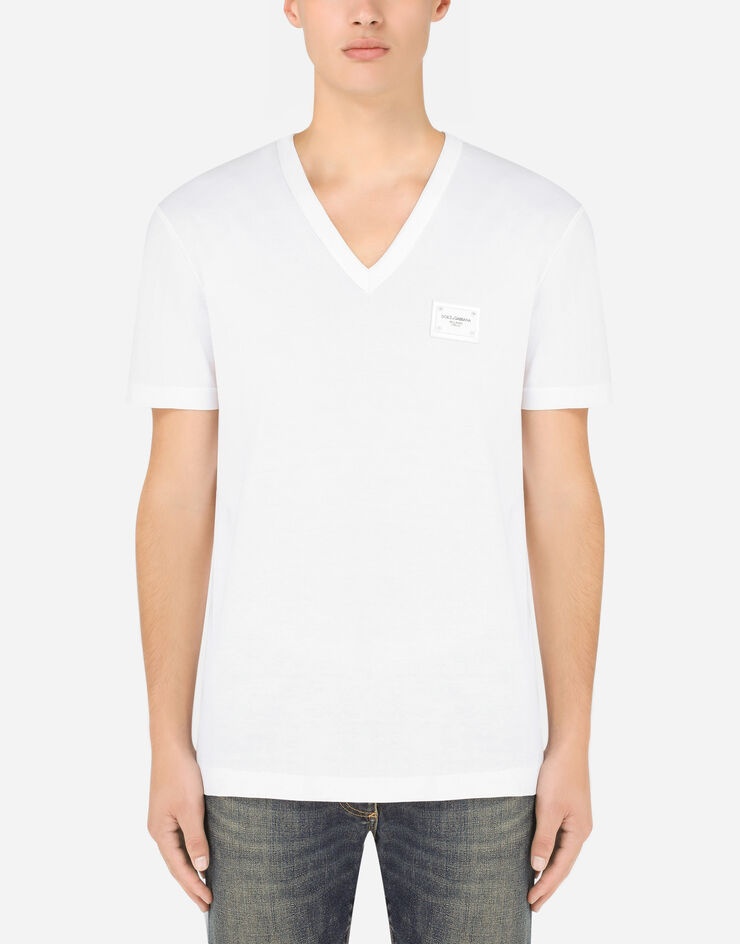 Cotton v-neck t-shirt with branded plate - 1