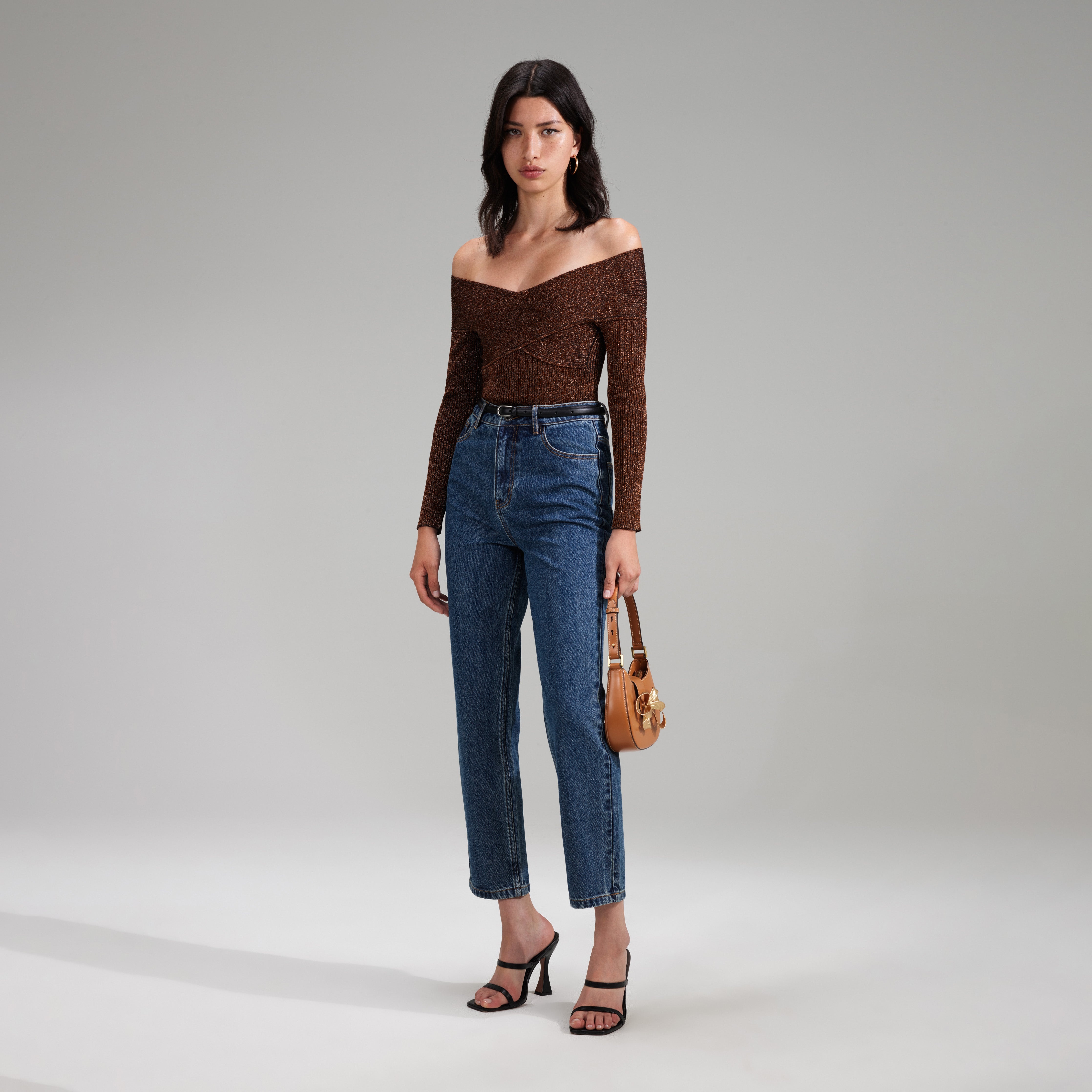 Brown Lurex Knit Off Shoulder Top - 2