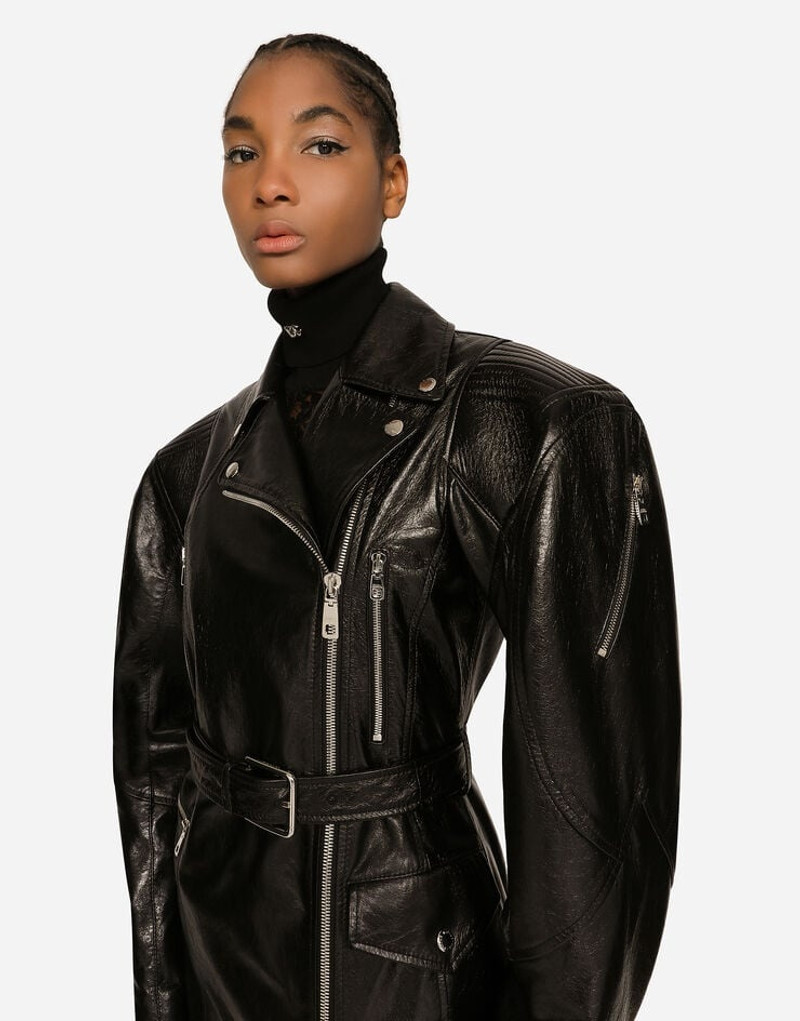 Belted leather biker coat 5