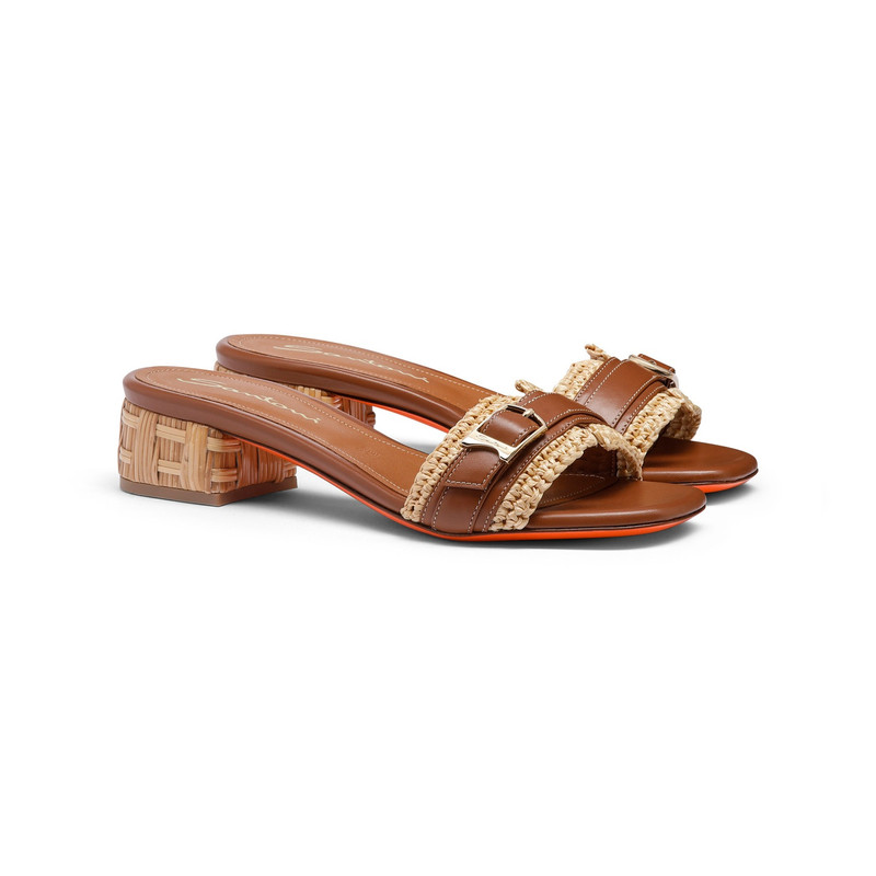 Santoni Women's light brown leather and raffia sandal outlook
