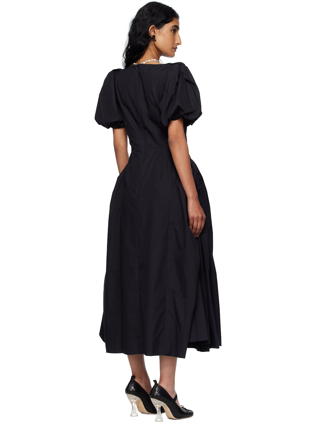 Black Bow Puff Sleeve Hip Midi Dress - 3