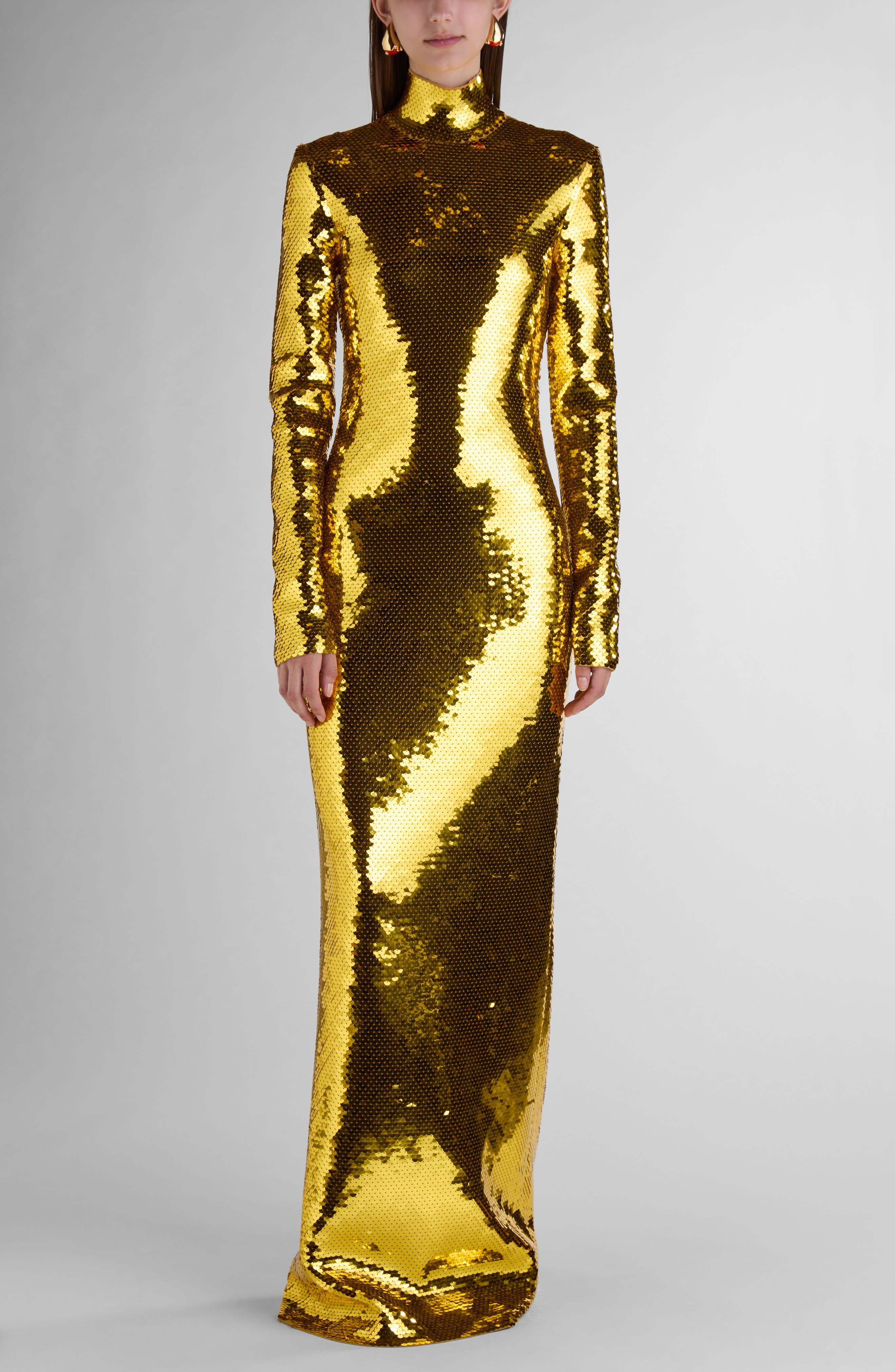 Bottega Veneta Sequin Long Sleeve Knit Gown in 8480 Gold at Nordstrom - 1