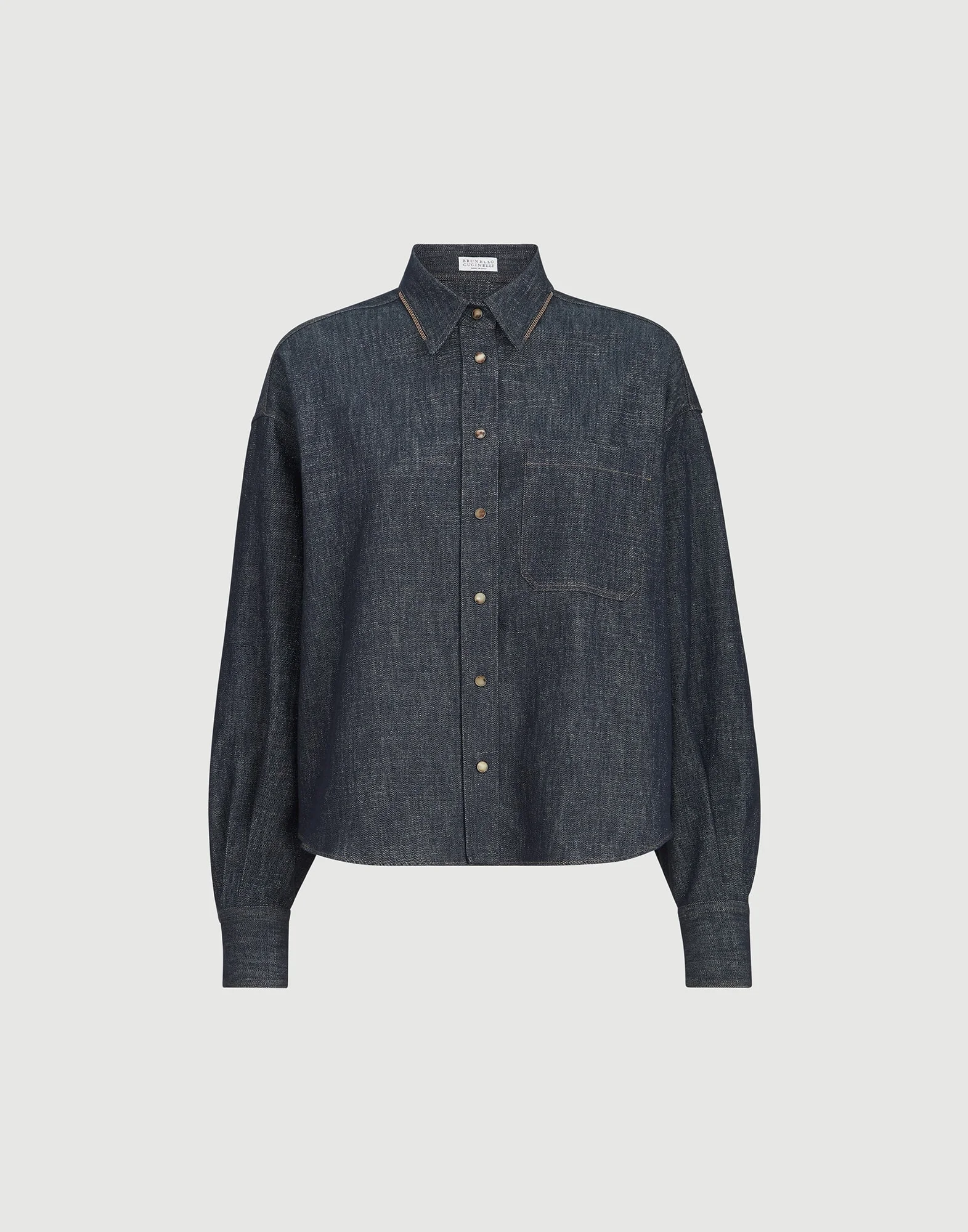 Sparkling no-fade denim shirt with shiny collar - 1