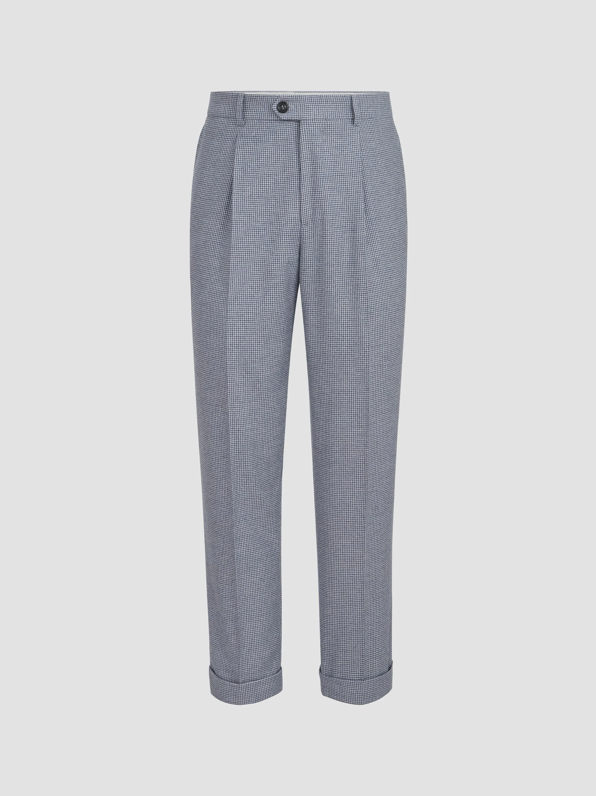 Men's Cashmere and Silk Houndstooth Flannel Trousers with Pleats - Cerulean - 1