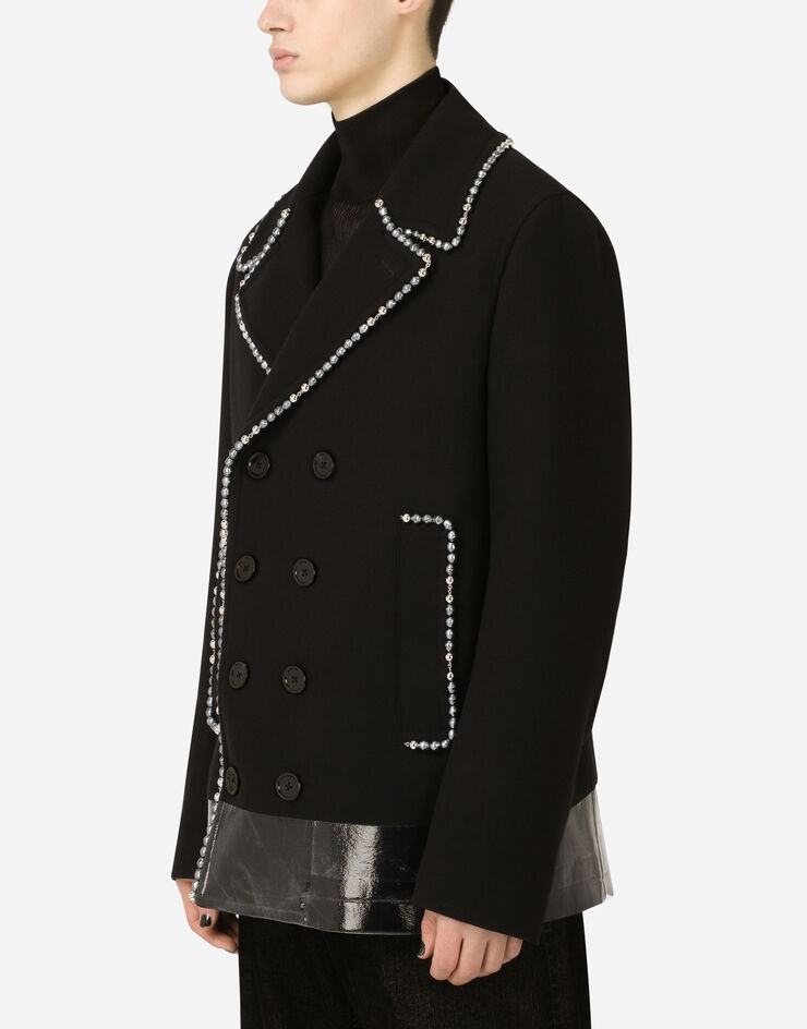 Double-breasted wool peacoat with pearl chain detailing - 4