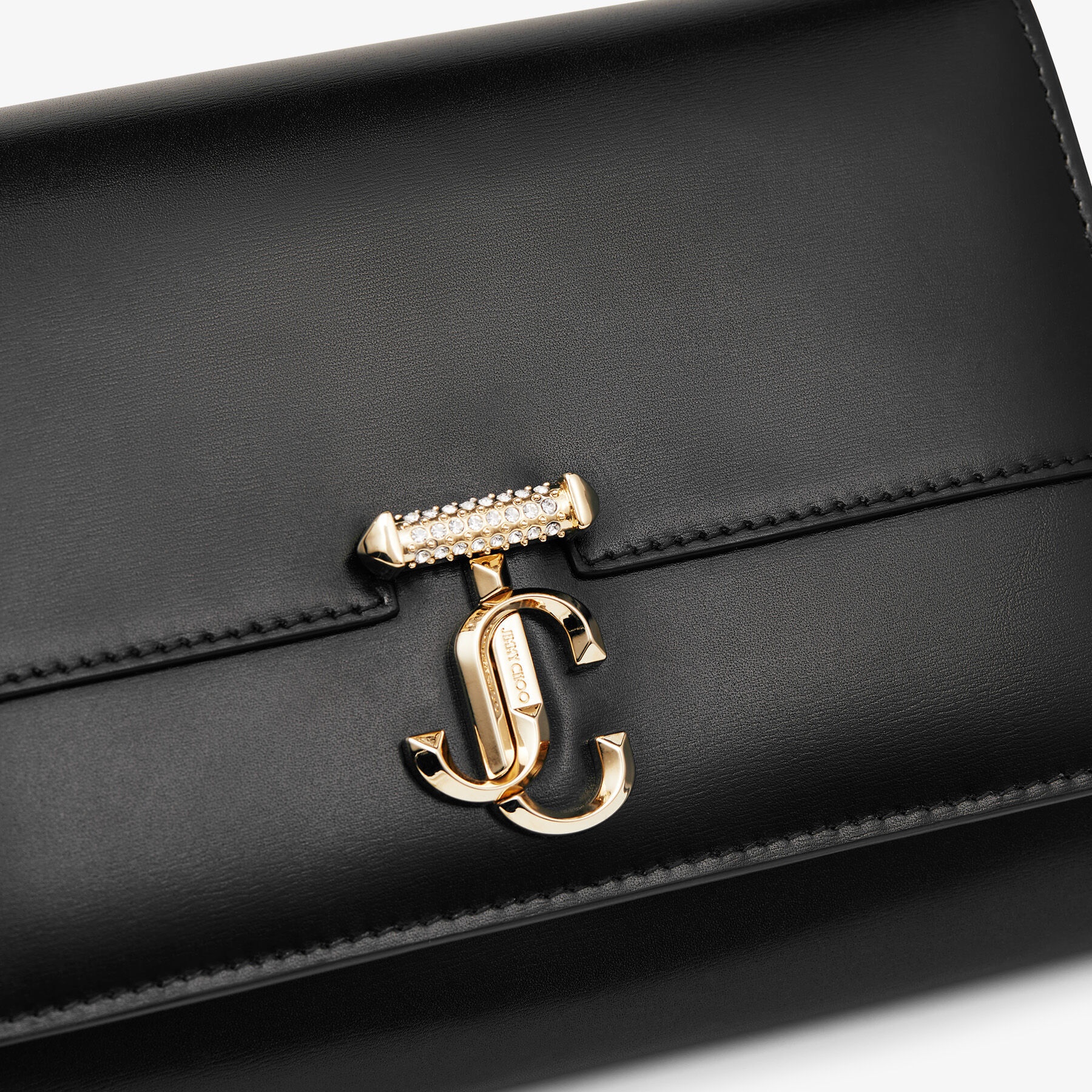 Varenne Clutch, Black Leather Clutch Bag with Crystal Bar and Gold JC Emblem