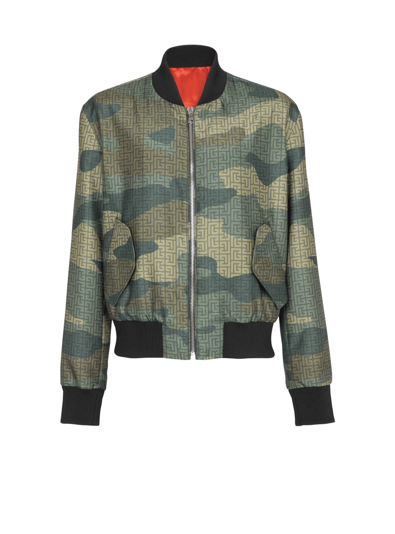 Camouflage monogrammed Shantung bomber jacket 1