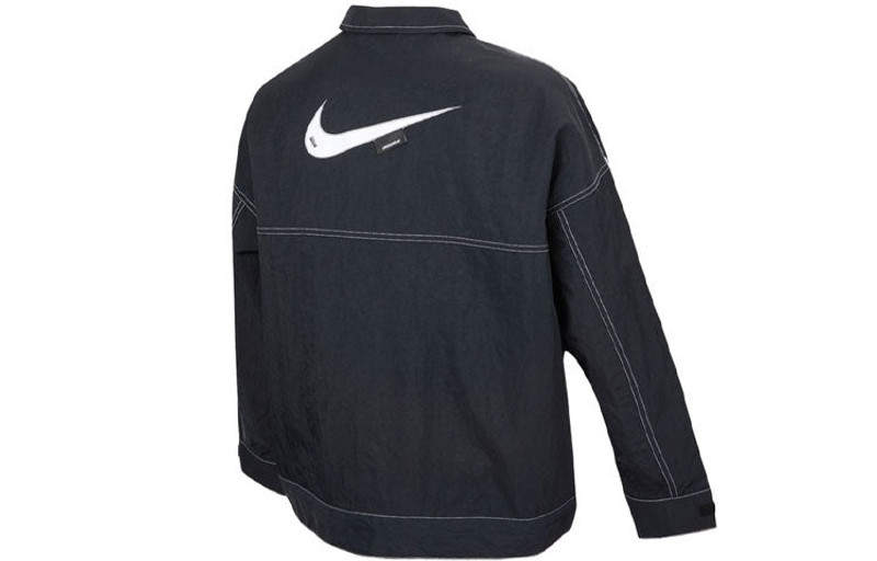 Nike (WMNS) Nike SS22 Sportswear Swoosh Back Logo Printing Woven Jacket Autumn Black DM6204-010 outlook