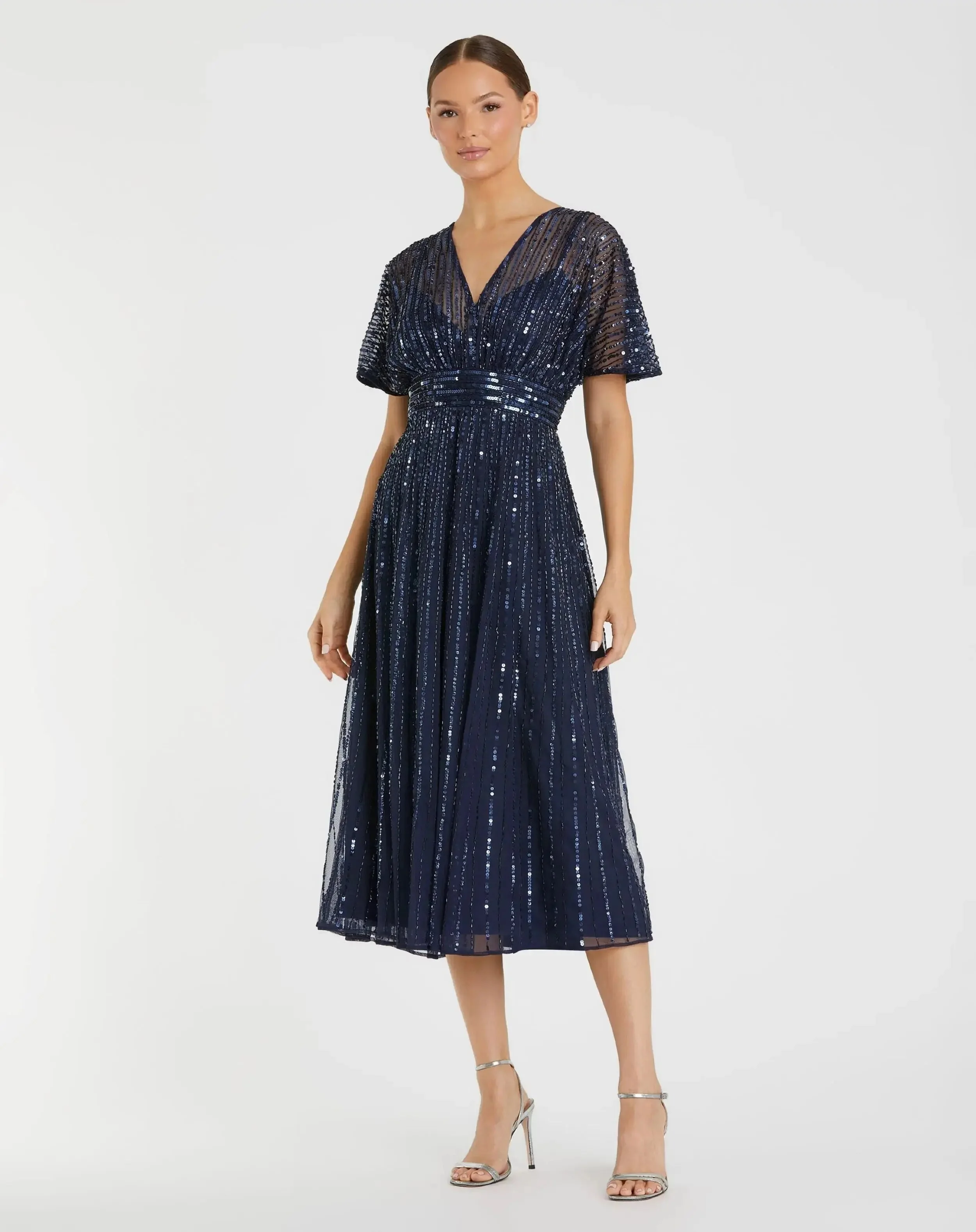 Navy Embellished Short Sleeve Empire Waist Dress - 1
