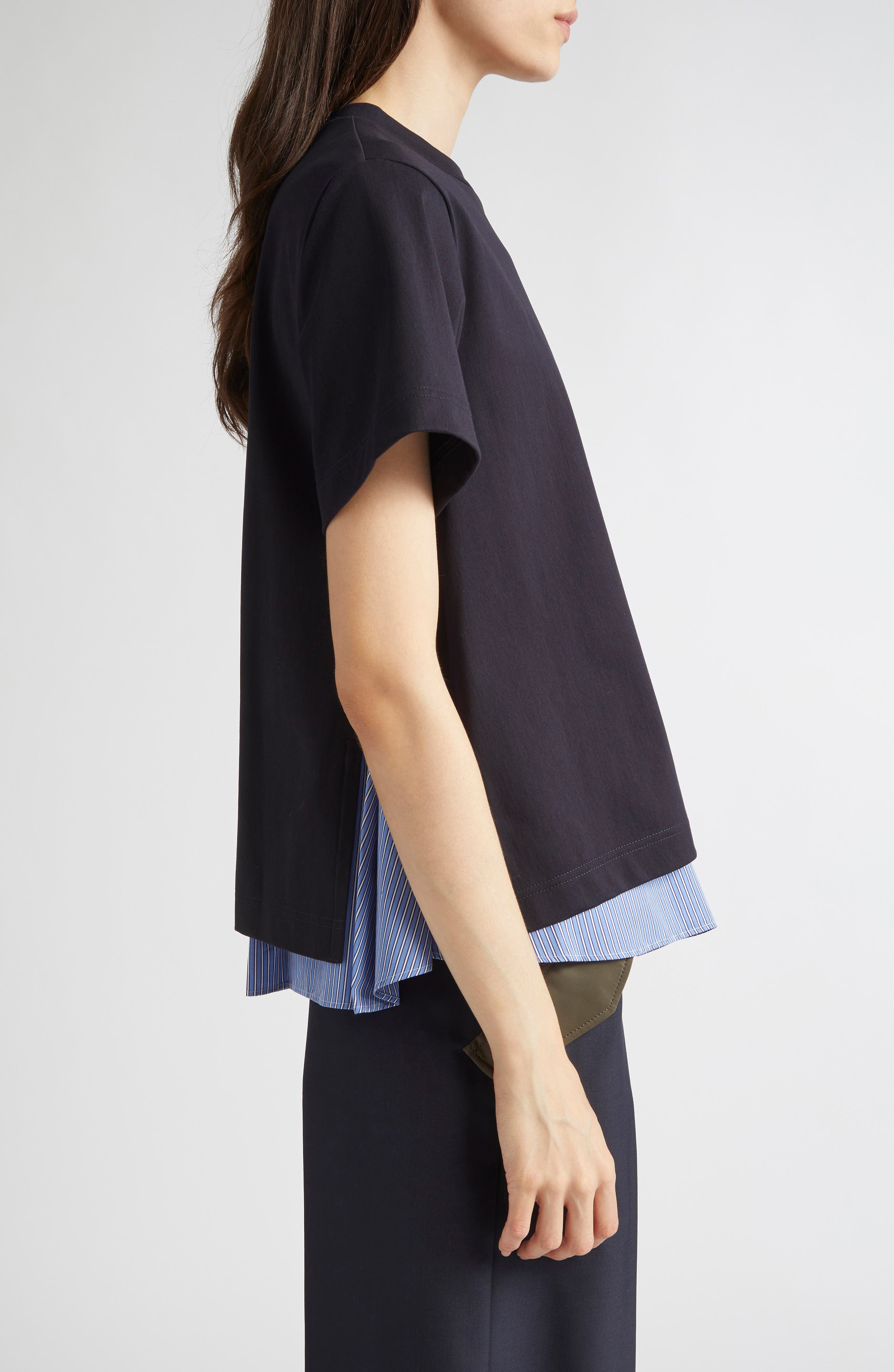 Sacai Mixed Media Jersey & Poplin Pocket T-Shirt in Navy/Blue Stripe at Nordstrom - 4