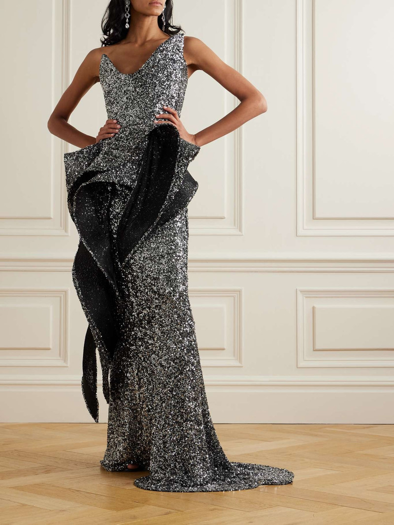 MATICEVSKI Indiscreet Wave strapless asymmetric ruffled sequined tulle top Silver outlook