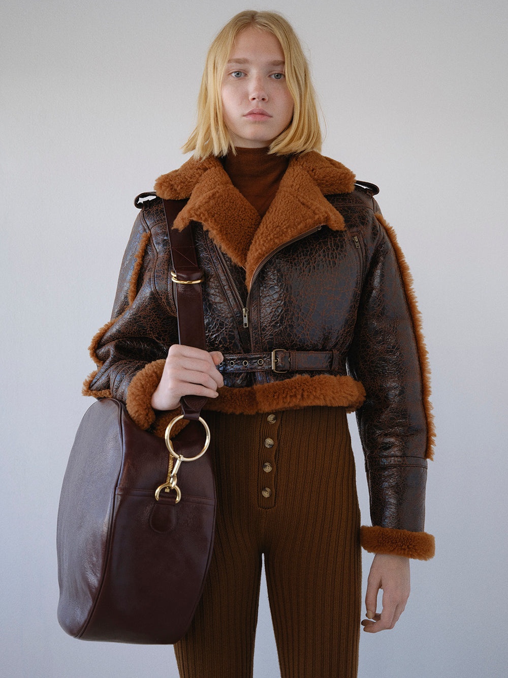 Shearling Strong Shoulder Moto in Rust - 2