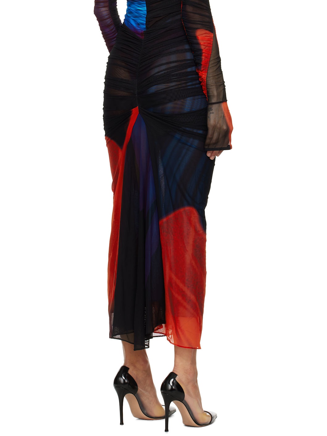 Multicolor Floral Print Ruched Mesh Midi Skirt - 3