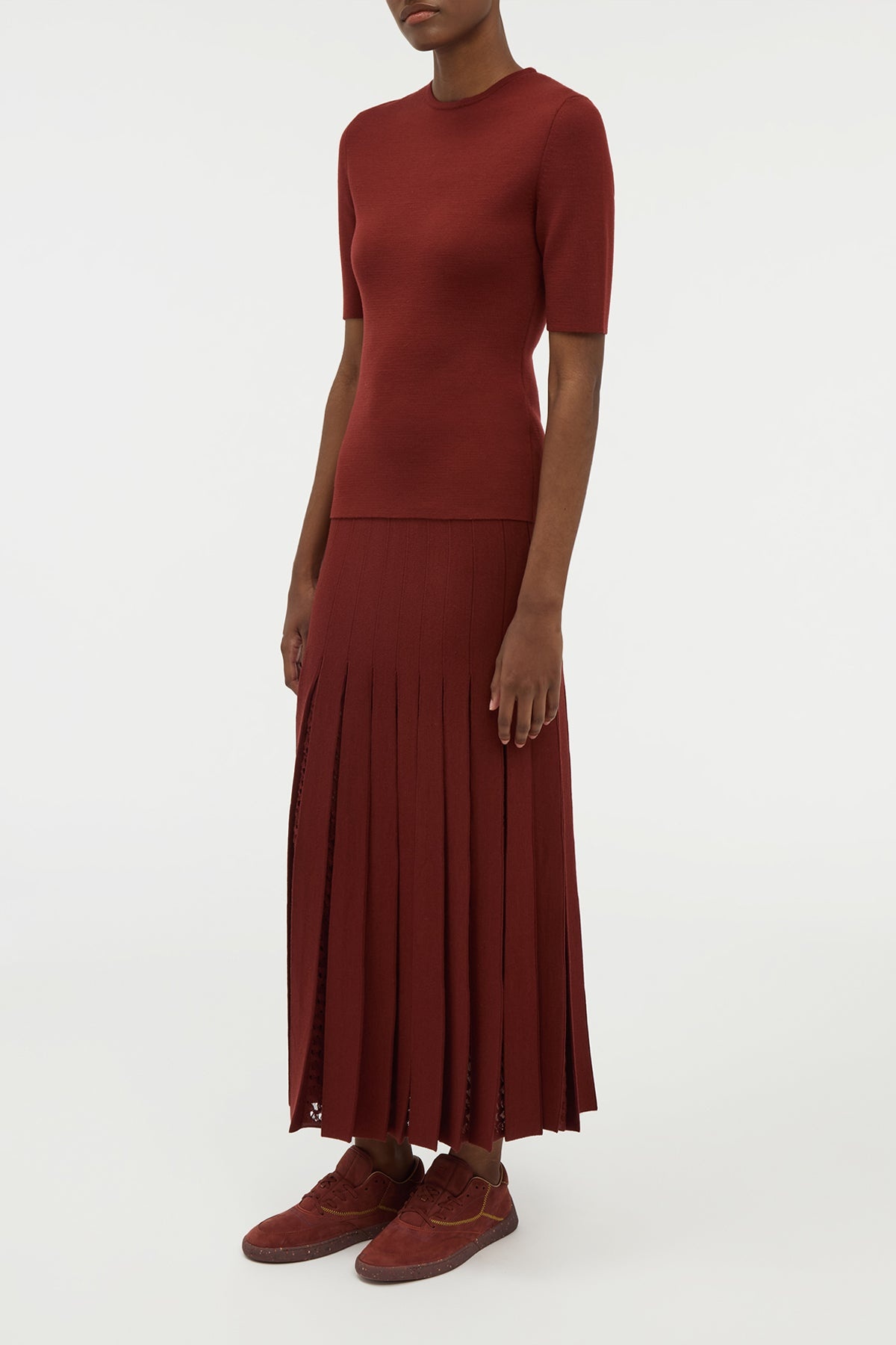 Debutante Knit Pleated Maxi Skirt in Burnt Sienna Merino Wool - 3
