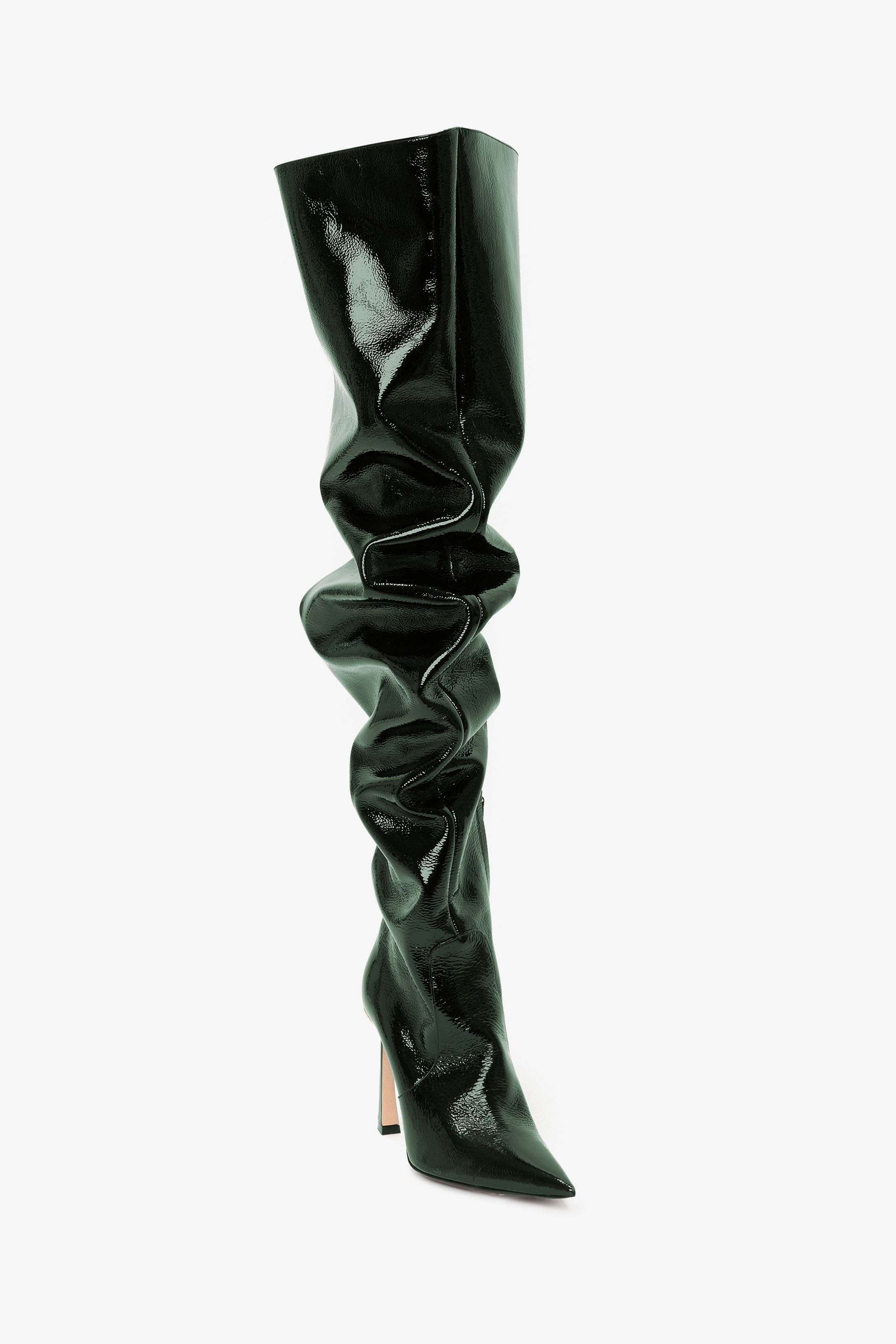 Thigh High Pointy Boot in Dark Green Grained Patent - 2