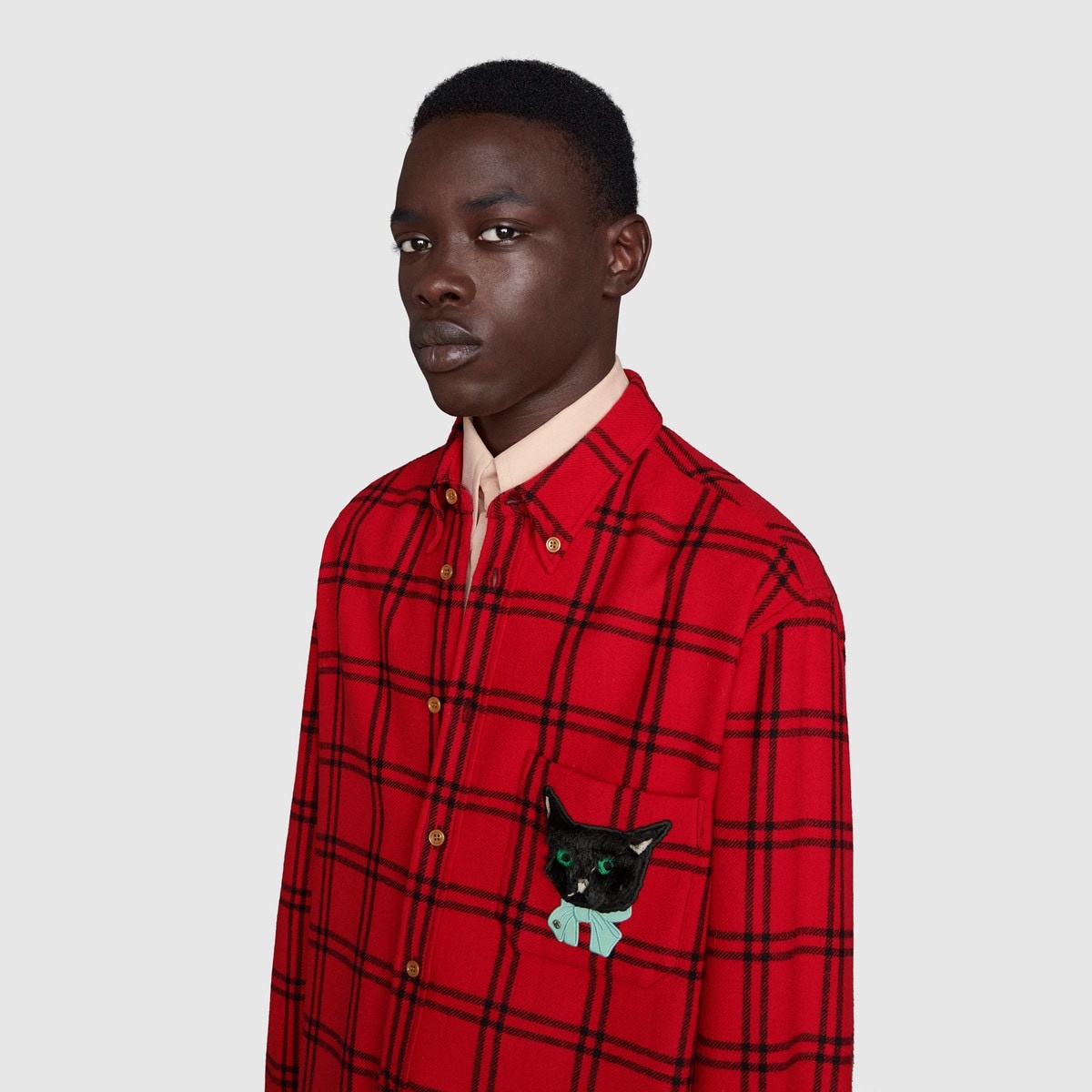 Check wool shirt with Gucci cat patch - 5