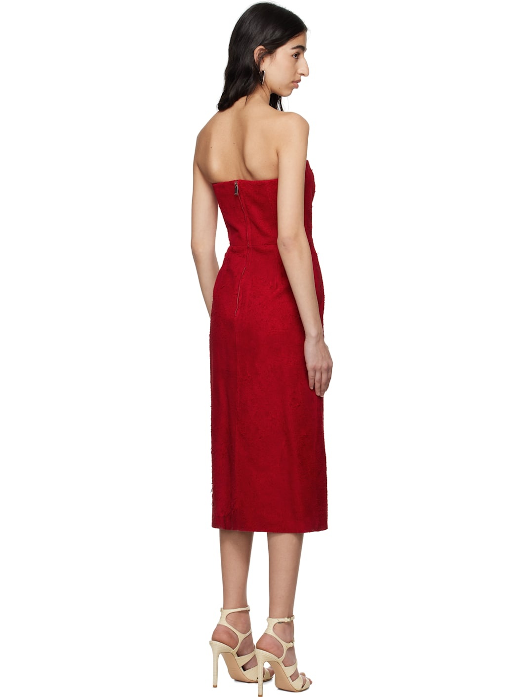 Red Strapless Suede Midi Dress - 3