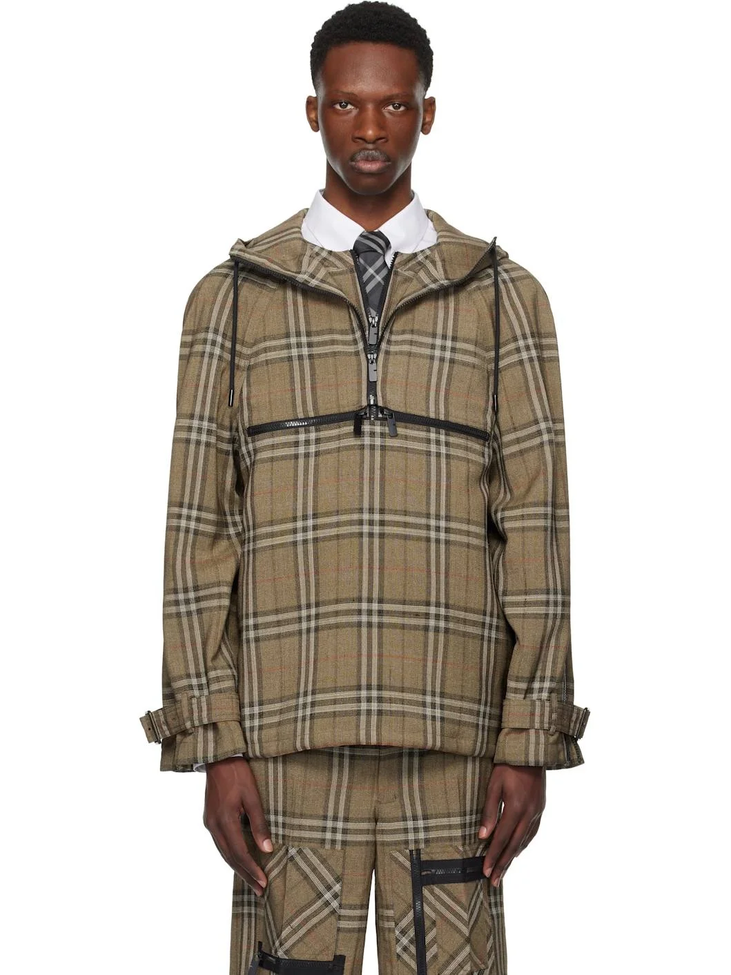 Brown Check Silk Blend Hooded Jacket - 1