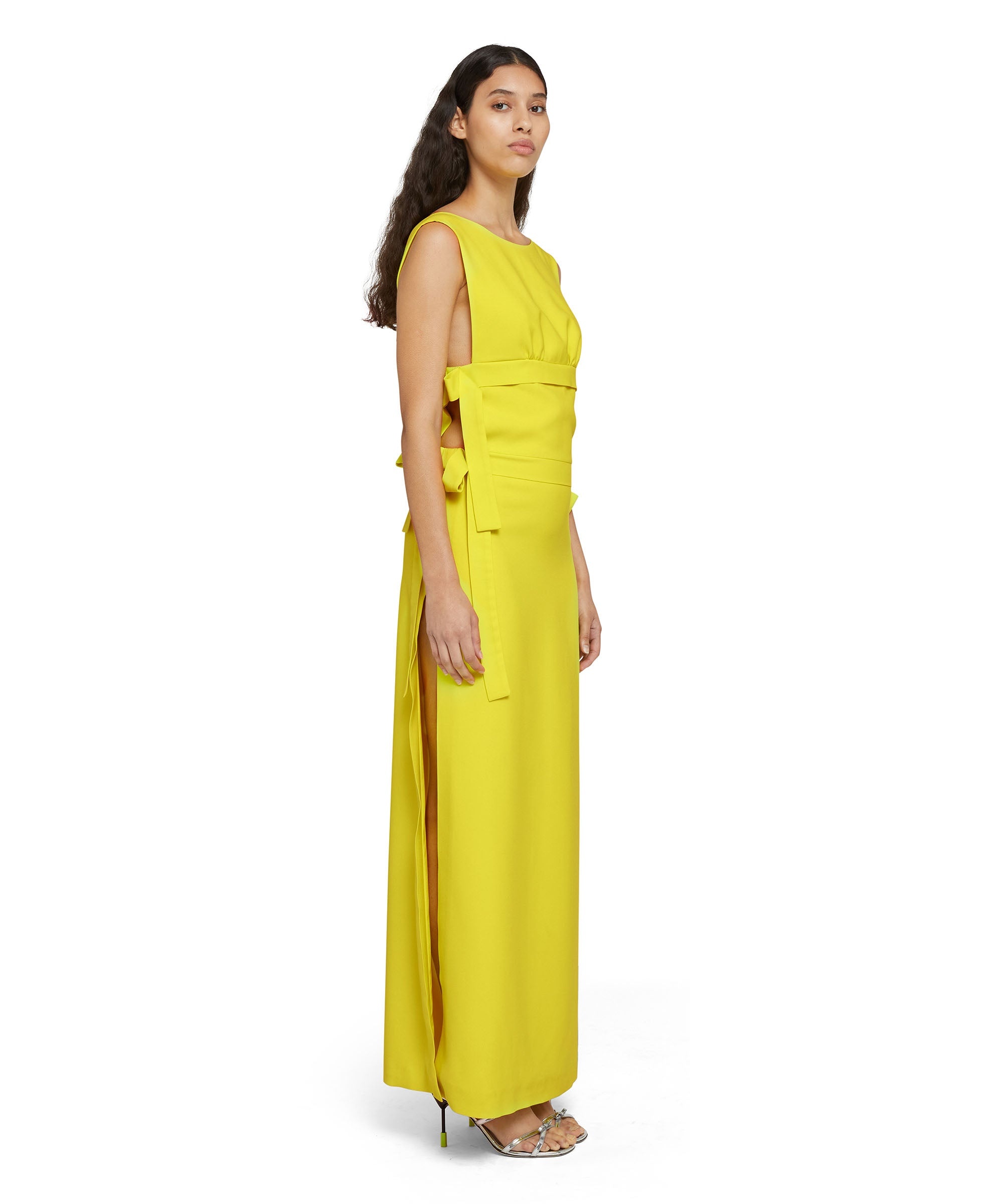 Viscose long dress with wide slit and bows - 5