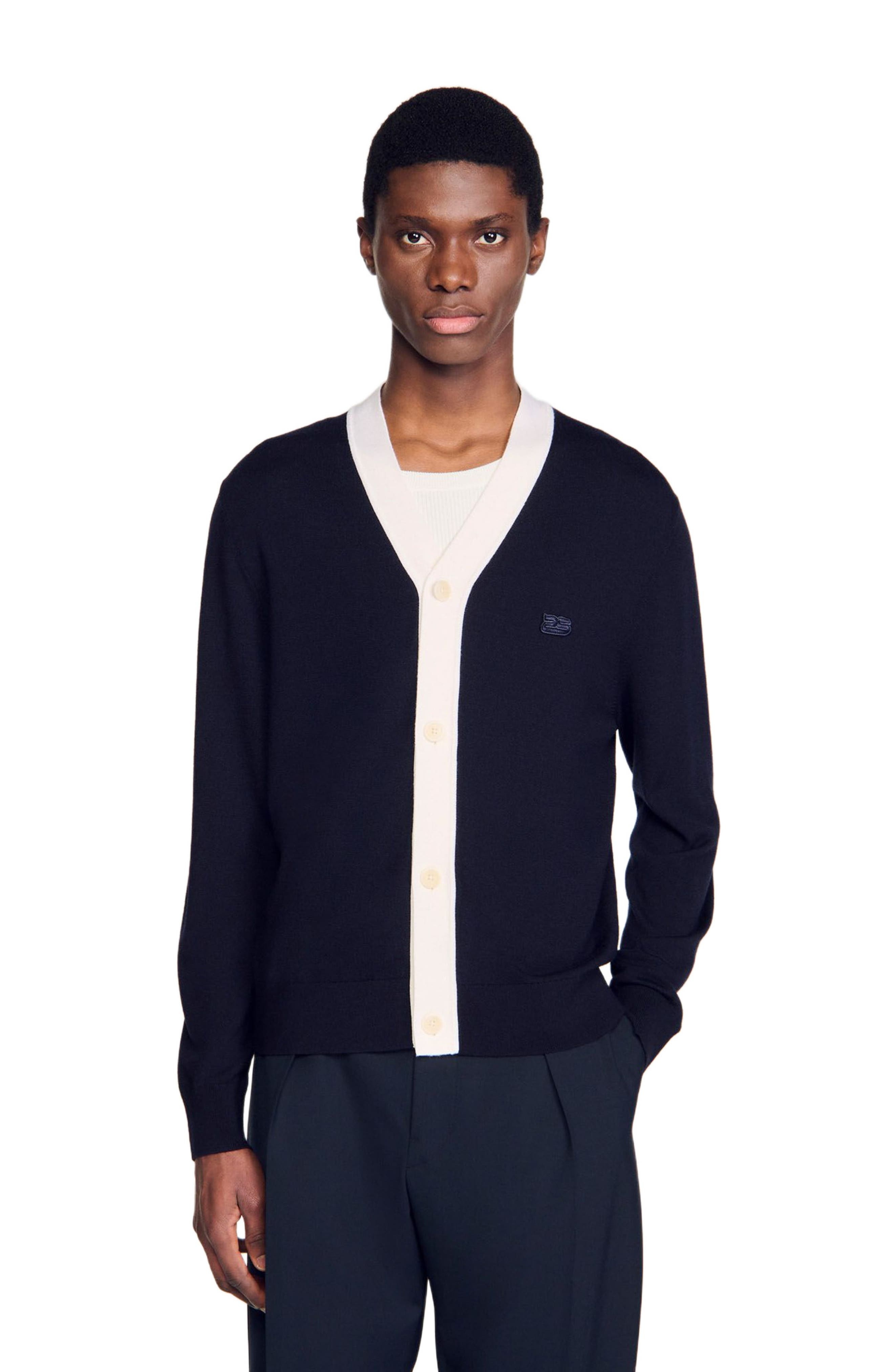 SANDRO Cardigan with patches in Navy Blue at Nordstrom - 3