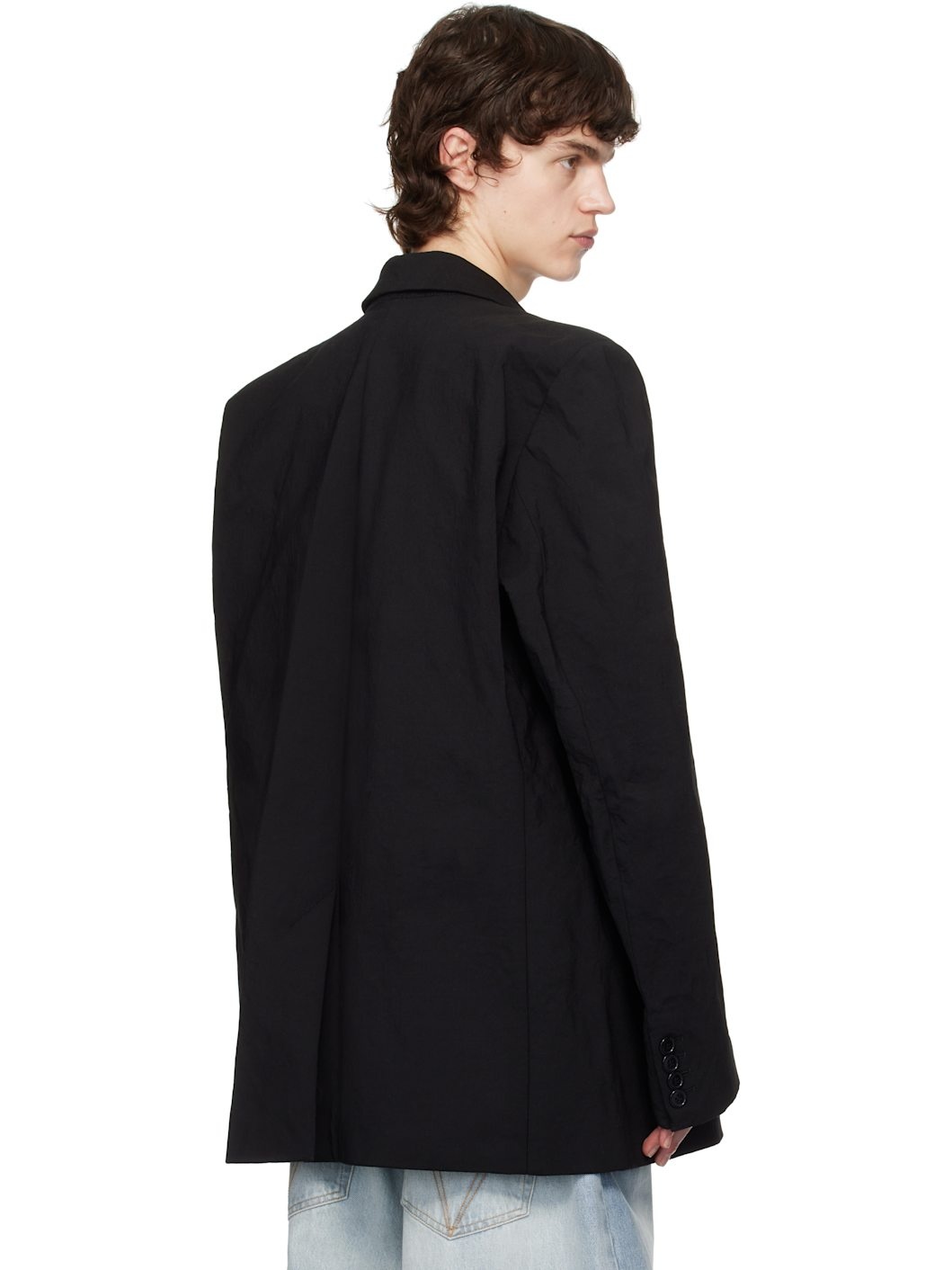 Black Metalized Wrinkled Single Breasted Blazer - 3