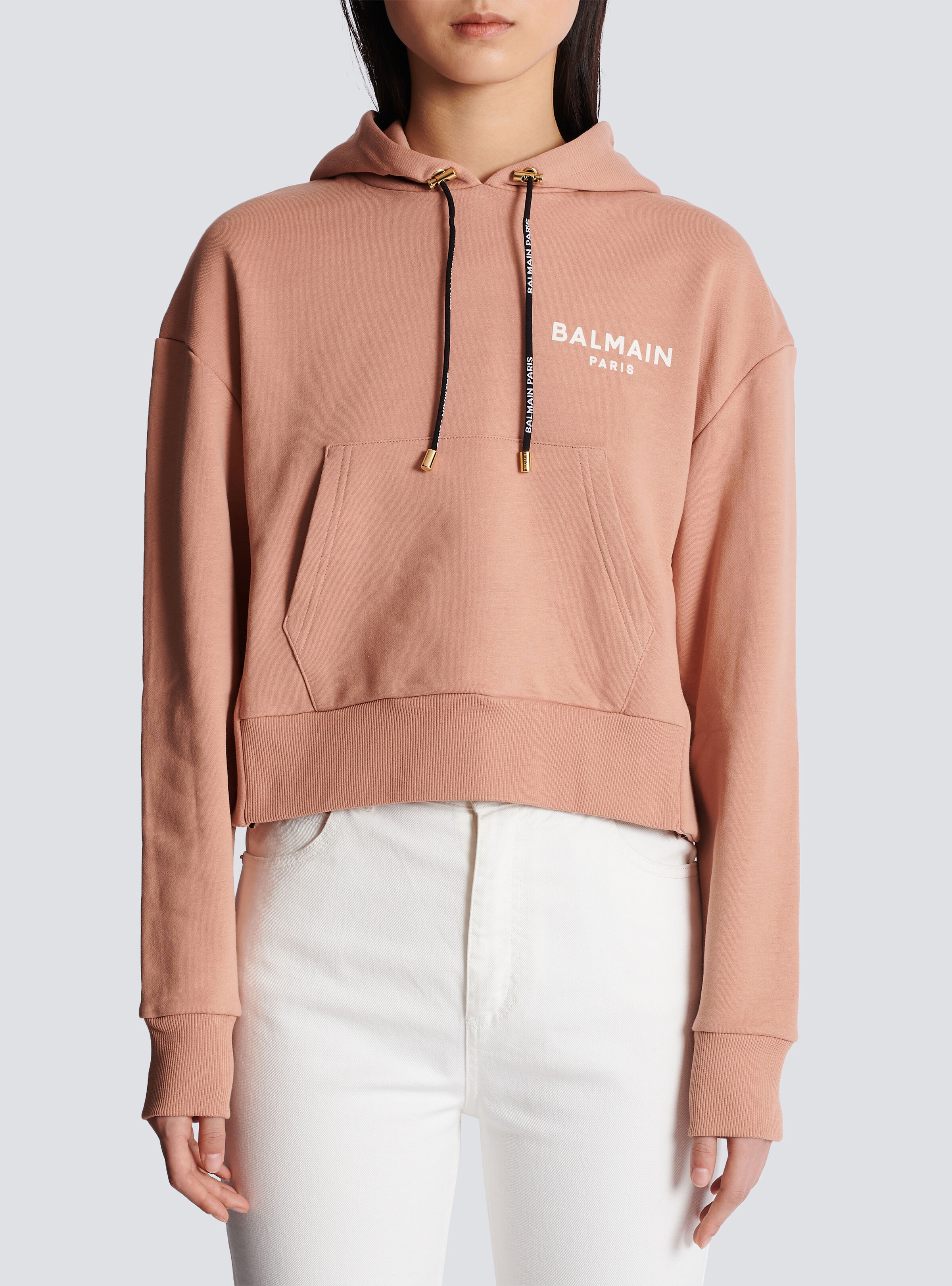 Cropped cotton sweatshirt with flocked Balmain logo - 5