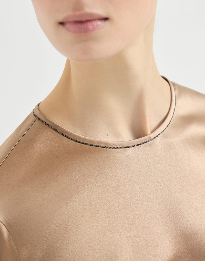 Stretch silk satin t-shirt with monili 4