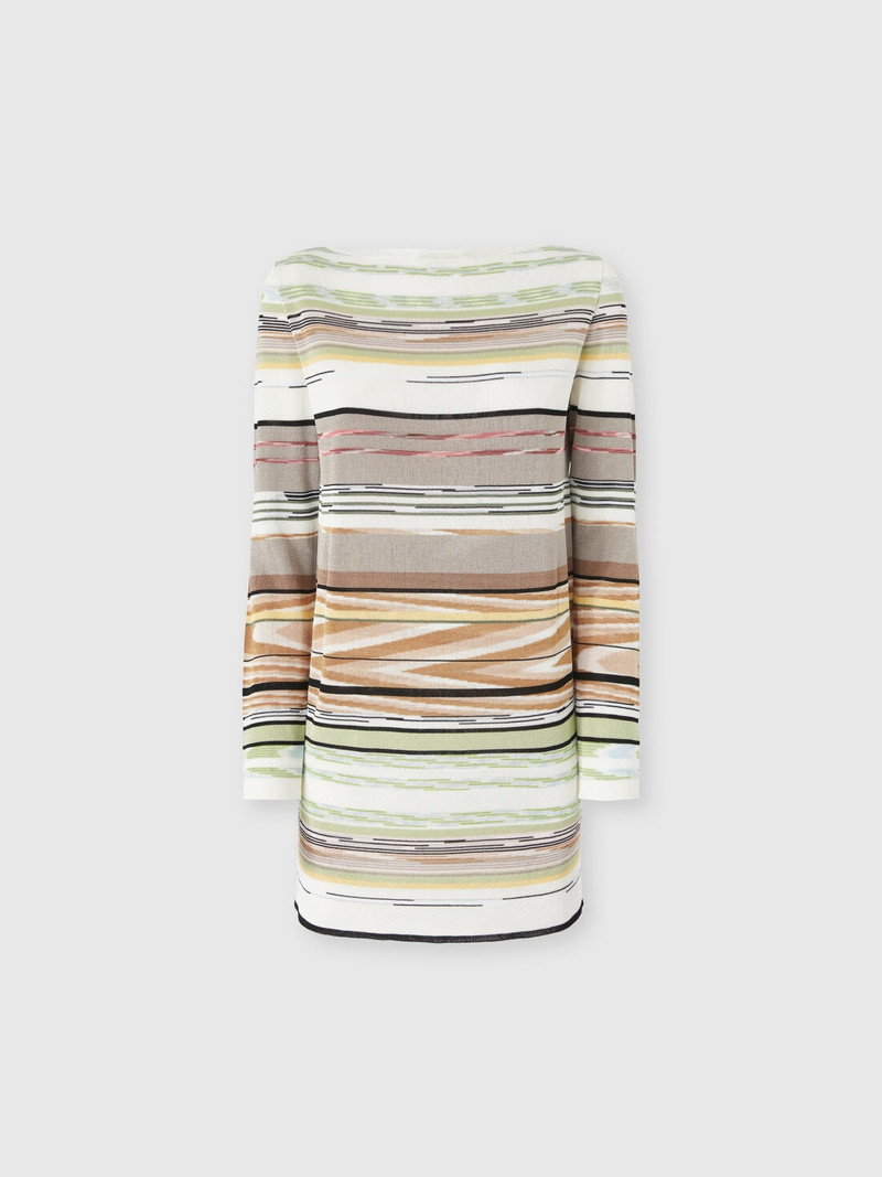 Flame-Striped Viscose Mini Dress with Boat Neck 1