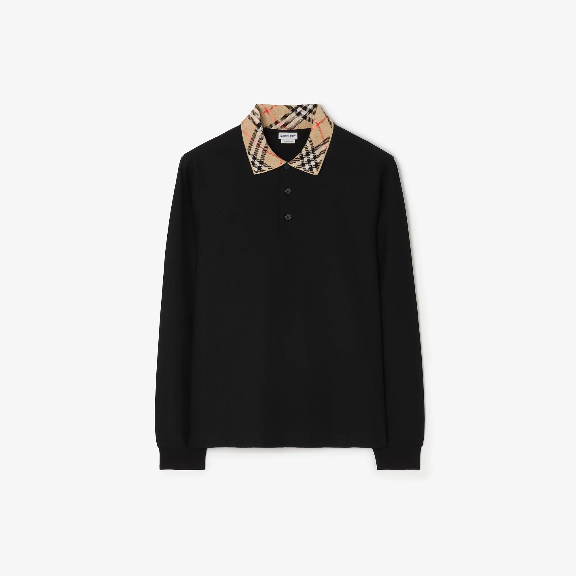 Long-sleeve Check Collar Cotton Polo Shirt - 1
