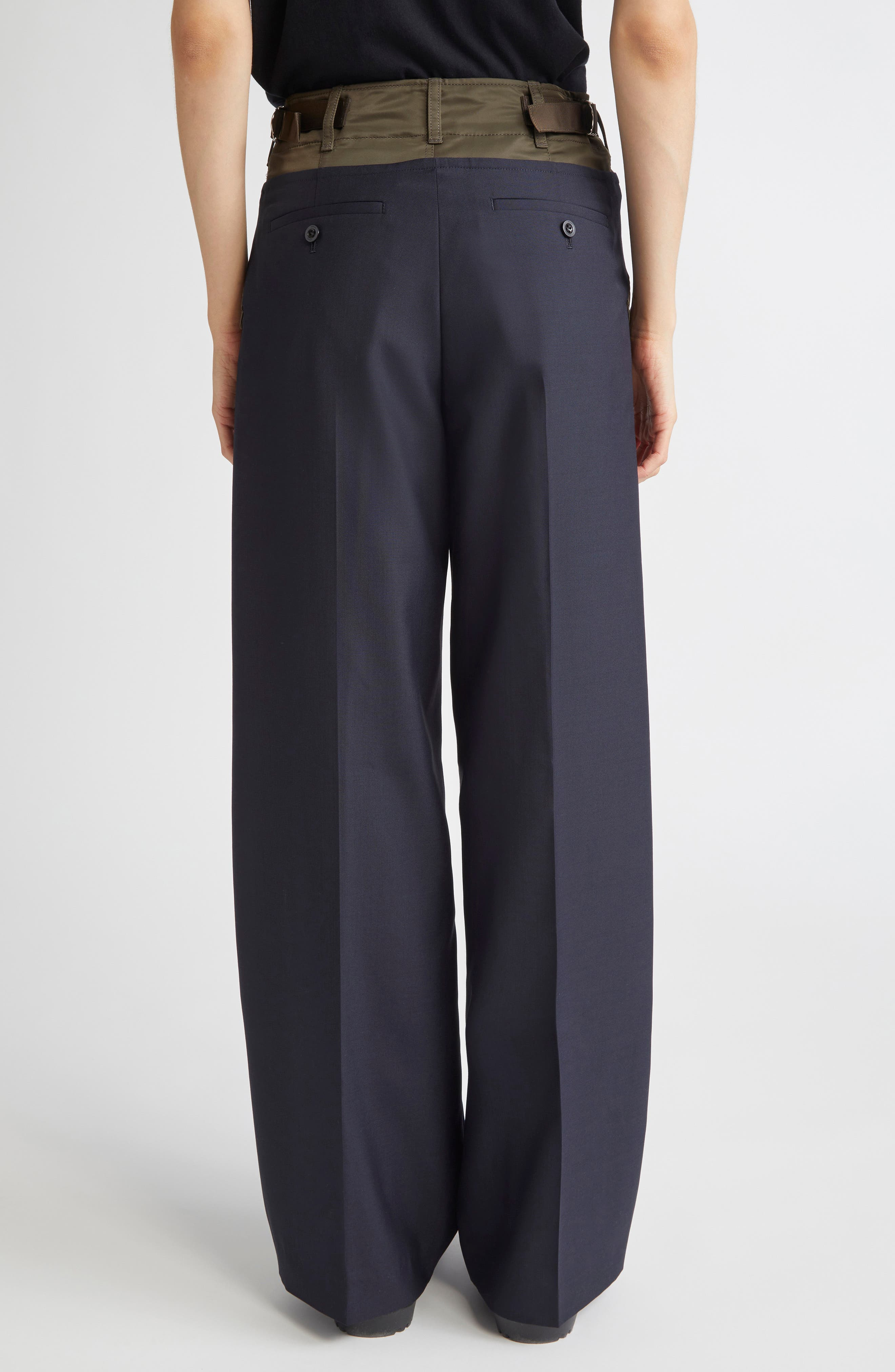 Sacai Suiting Mixed Media Straight Leg Pants in Navy/Dark Khaki at Nordstrom - 3