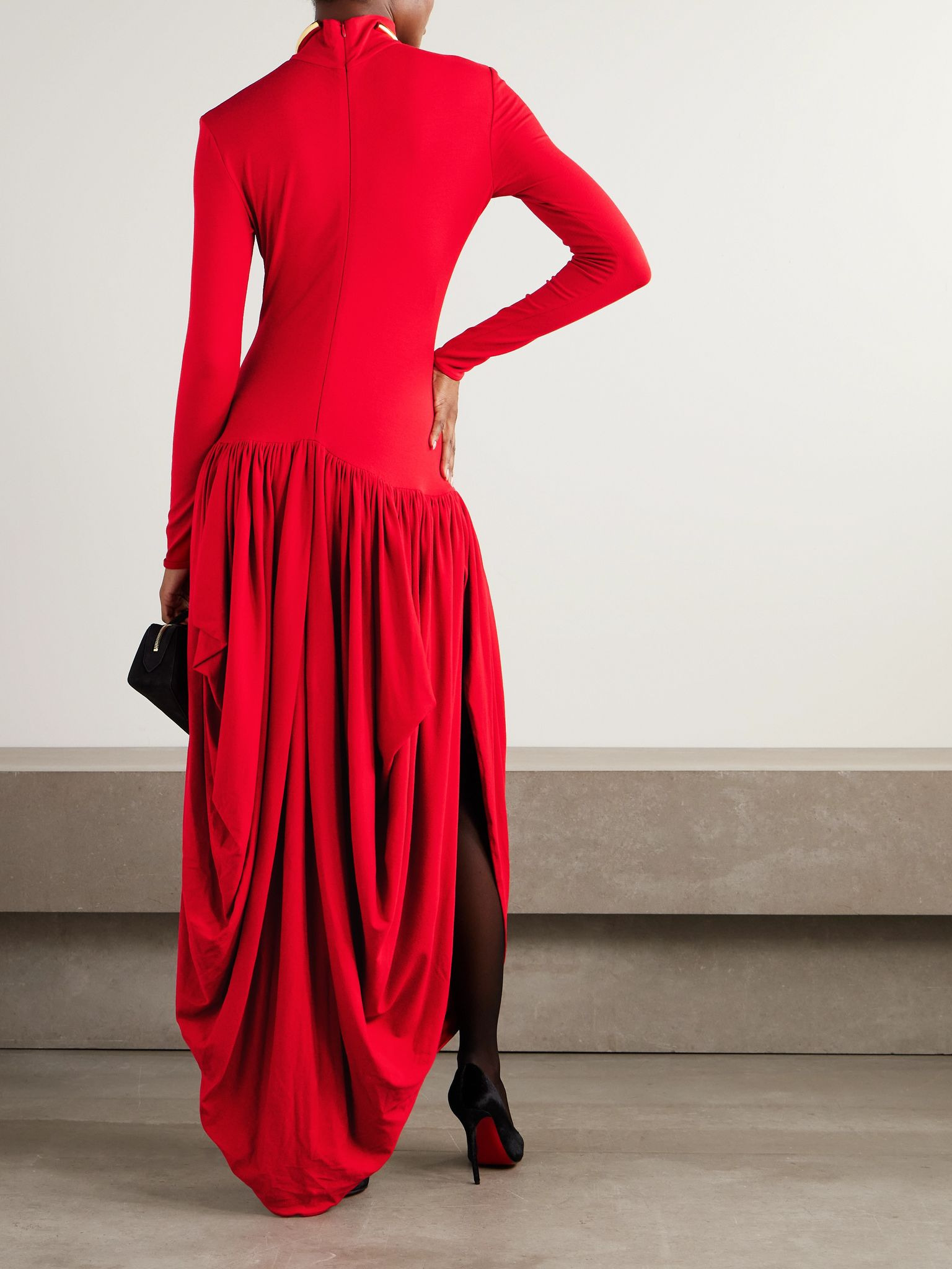 Pleated stretch-crepe midi dress Red - 3